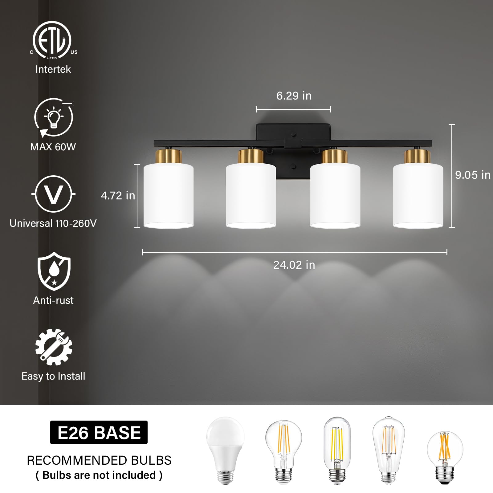 Fonmyim Black And Gold Bathroom Light Fixtures, 4-Light Modern Vanity Light Over Mirror, Wall Sconces With Milky White Frosted G