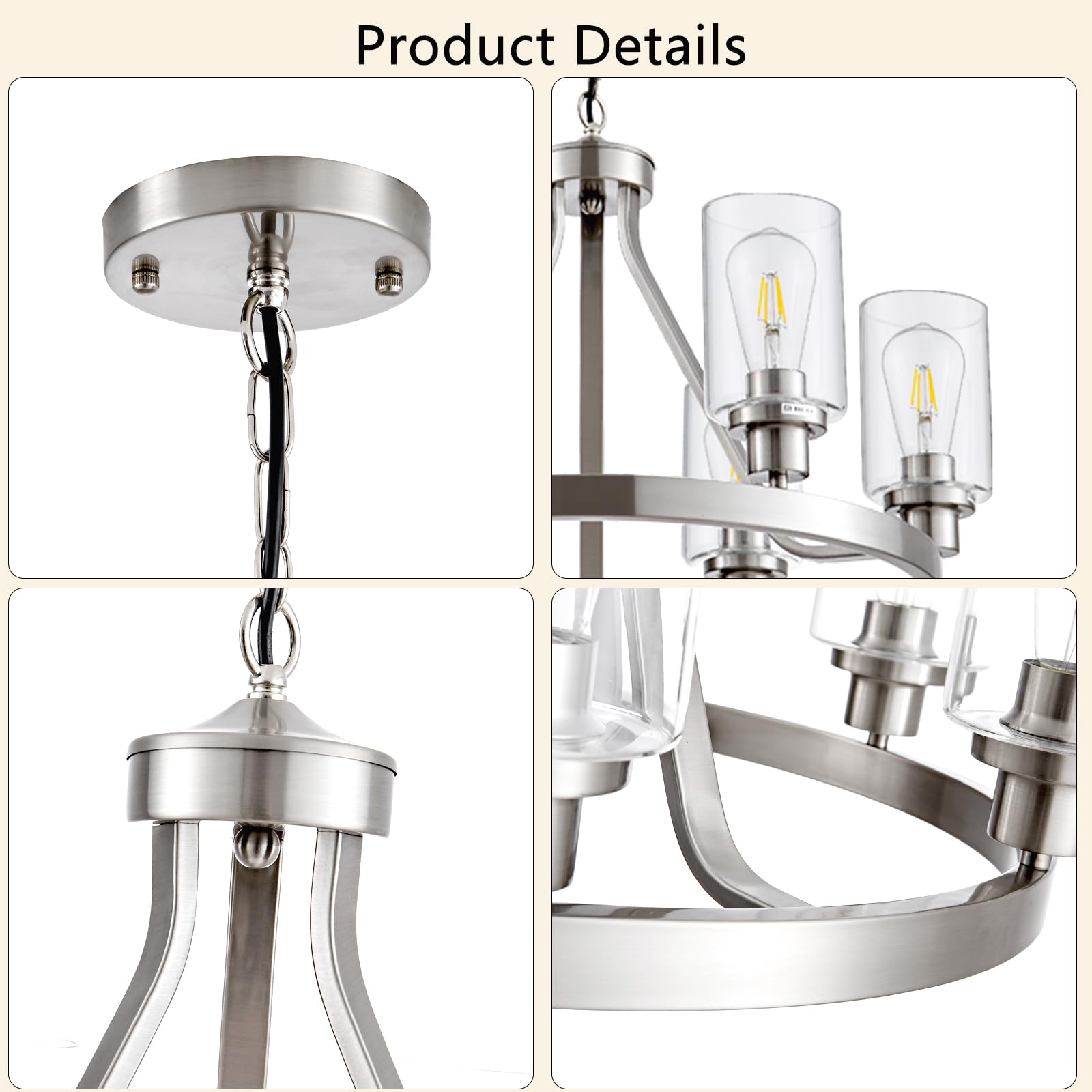 Hccz 6-Light Brushed Nickel Wagon Wheel Chandelier With Glass Shade For Dining Room & Living Room