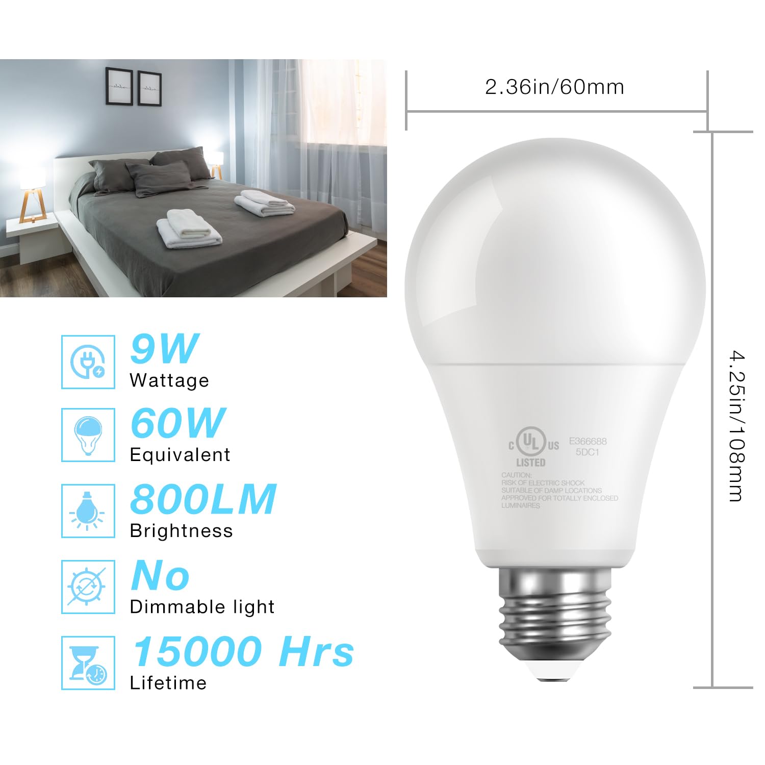 Daybetter 12 Pack A19 Led Light Bulbs, 60 Watt Equivalent Led Bulbs, Long Lifespan High Brightness 800Lm Daylight White 5000K, E