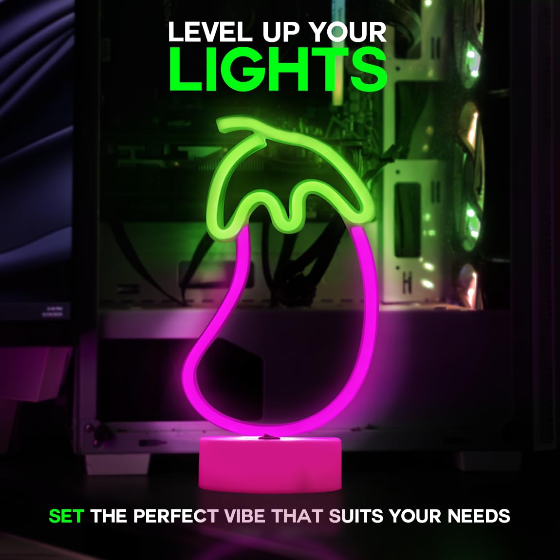 Lumoonosity Eggplant Neon Sign - USB & Battery Powered Lamp - Small to Medium - Green/Purple - Eggplant Stand for Bedroom, Gameroom, Living Room
