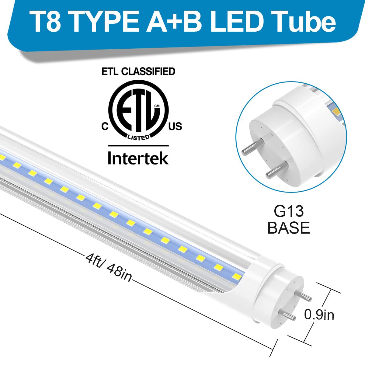 Cnsunway T8 Led Bulbs 4 Foot, Hybrid Type A+B Light Tube, 18W 2400Lm 6000K, Plug & Play Or Ballast Bypass, Single-Ended Or Doubl