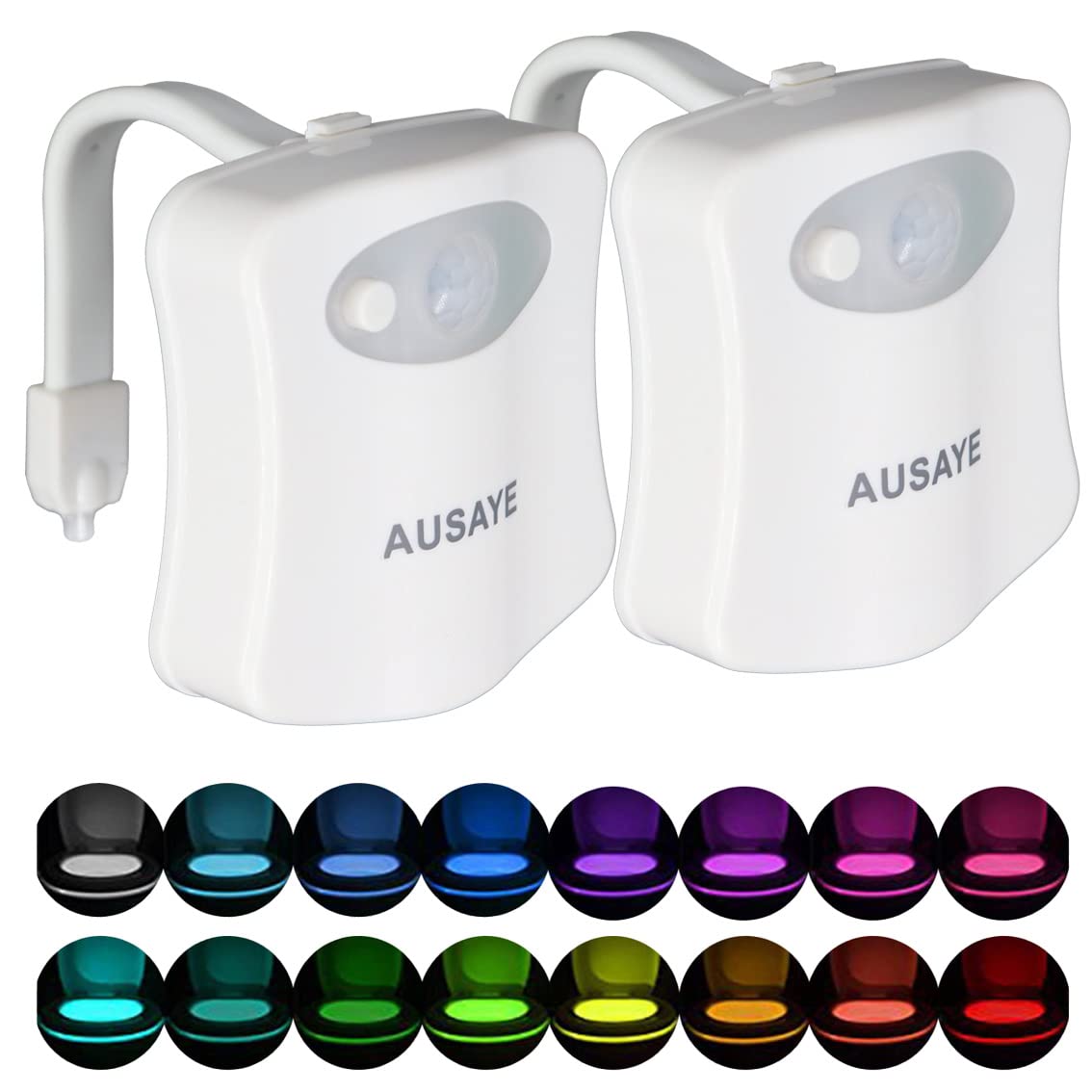 AUSAYE Toilet Night Light, 16 Color Changing, Motion Sensor, 2 Pack, Plastic