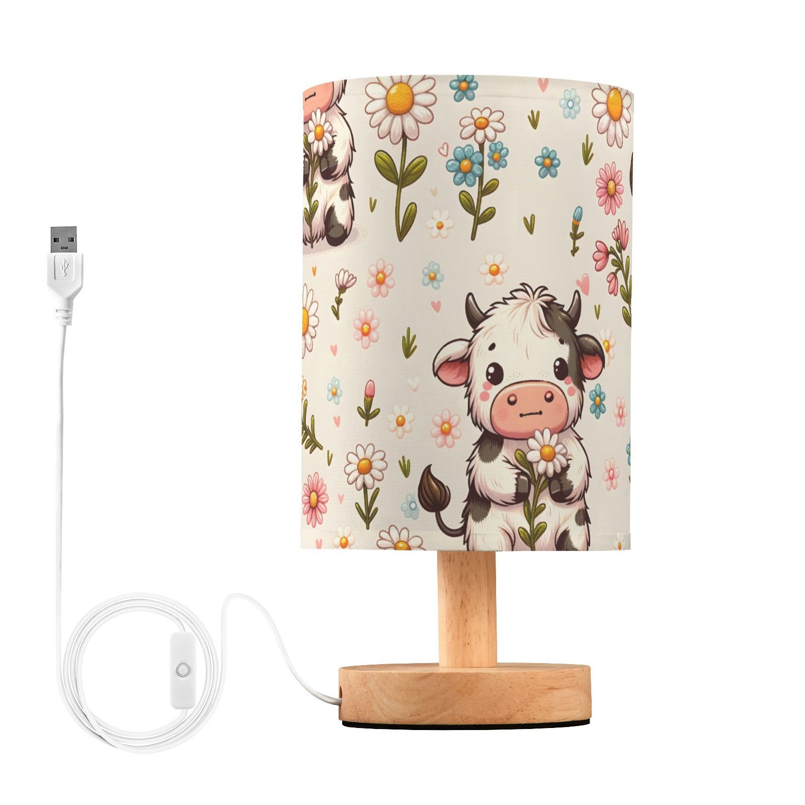Cow Daisy Farm Animal Lamp for Girls Boys Bedroom Bedside Table Lamp with USB Port LED Kids Nightstand Lamp Wood Base Desk Livin