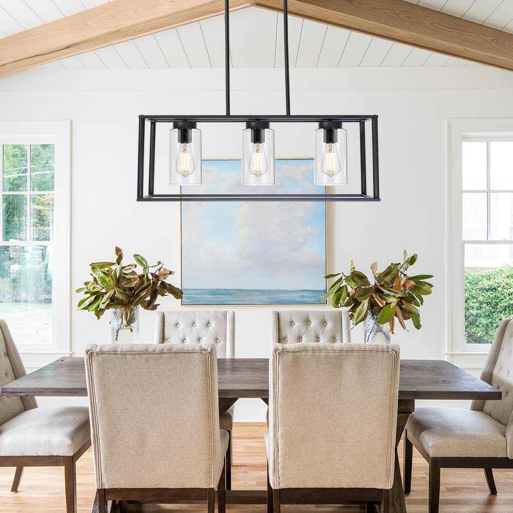 VINLUZ Black 3-Light Contemporary Chandelier, Metal Modern Pendant Lighting for Dining Room and Kitchen Island, Model 1811-3-11