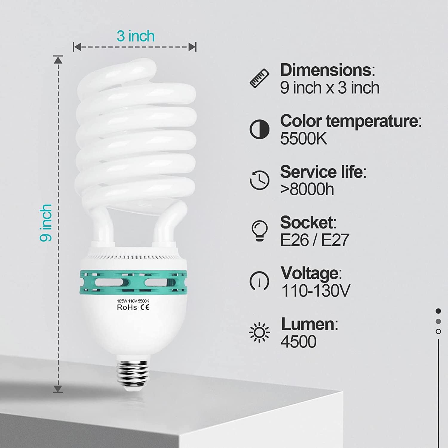 Emart Full Spectrum Light Bulb, 105W Spiral Cfl 5500K Daylight For Softbox Lighting Kit, Replacement Lamp For Photography Photo