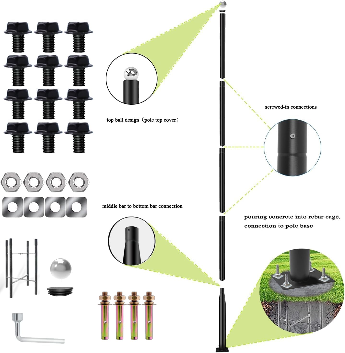 iFvBey 16ft Black Metal Street Light Pole - Adjustable Outdoor Lamp Post with Mounting Steel Anchors, Model DG005m