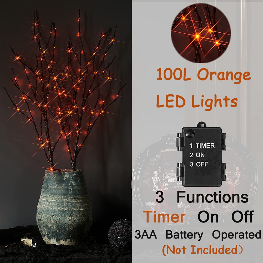 Hairui Lighted Halloween Tree Branches, 32IN Orange Fairy Lights, Battery Operated, Indoor/Outdoor Decoration, Model HR-BL100-BGB-32IN-A-4.5V