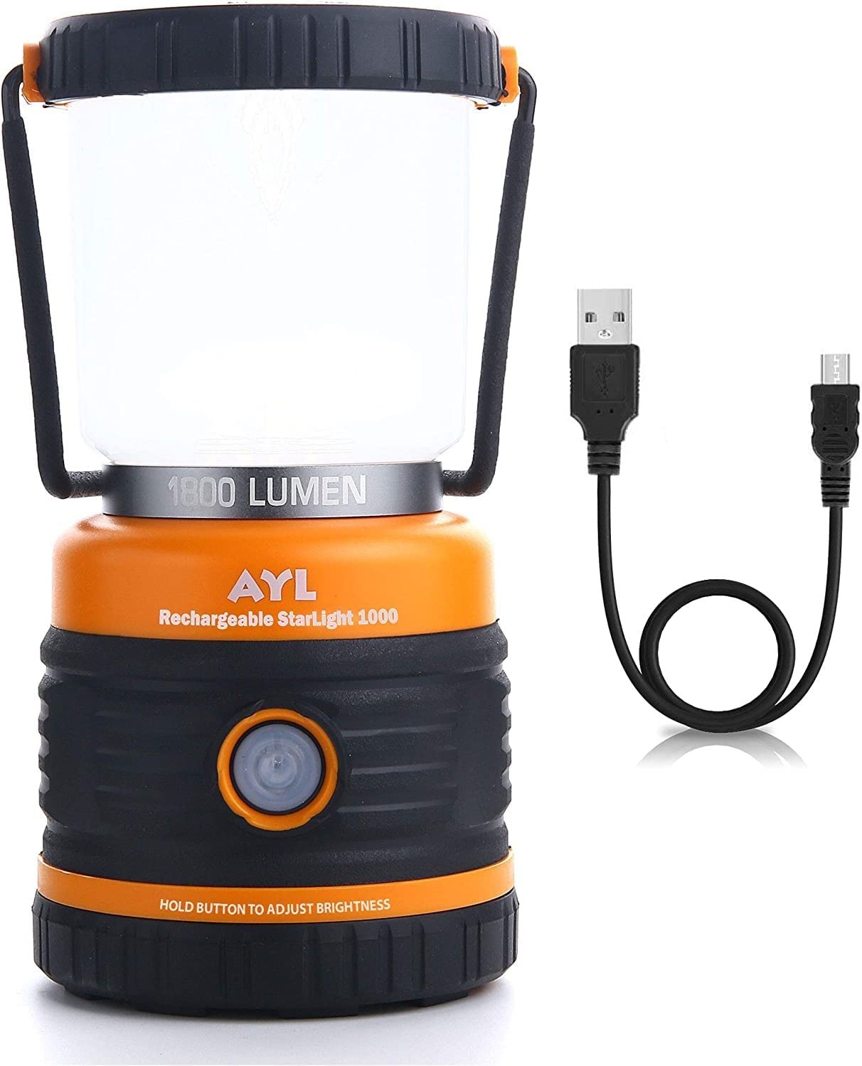 Ayl Led Camping Lantern, 1800 Lumens, Rechargeable, Ip44 Waterproof, Black And Orange, Model Slr1000, Usb Cable Included
