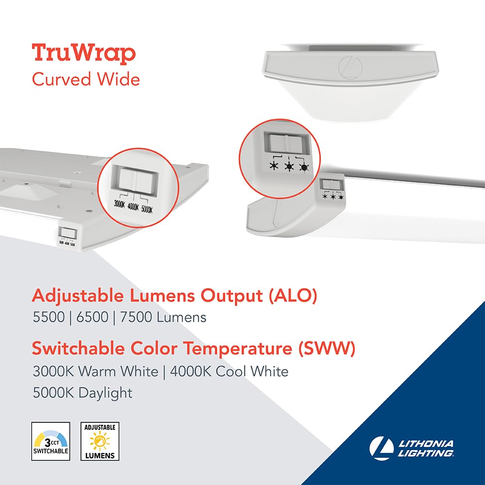 Lithonia Lighting TruWrap 4ft LED Ceiling Light Fixture, Adjustable Lumens, Selectable Color, Wide, White, Model TRUW 48 ALO26 CMP 8SWW2 ZT