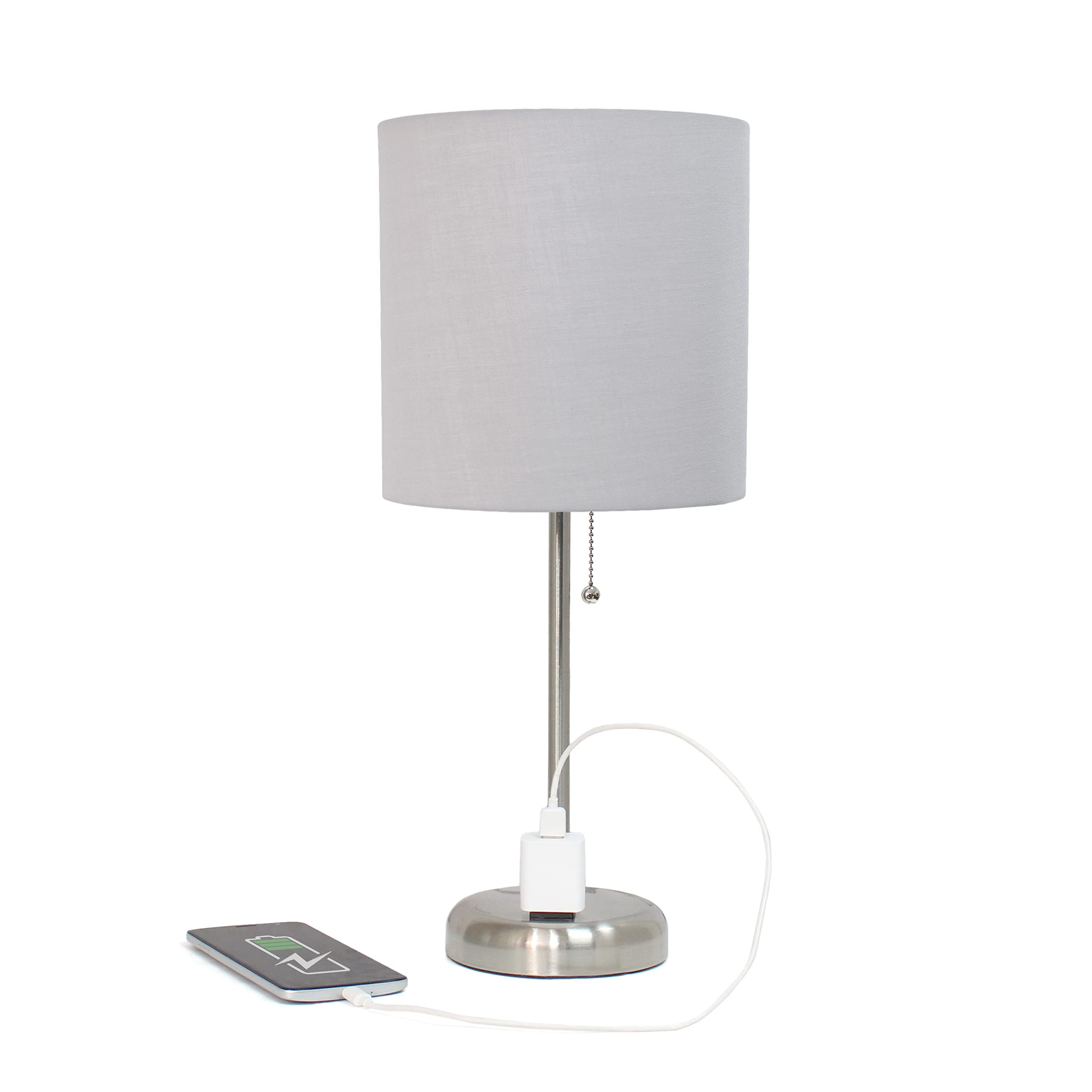 Simple Designs LT1144-GRY Sleek and Slender Brushed Steel Table Lamp with Charging Outlet, for Bedroom, Living Room, Entryway, Office, Dining Room, Study, Gray Shade