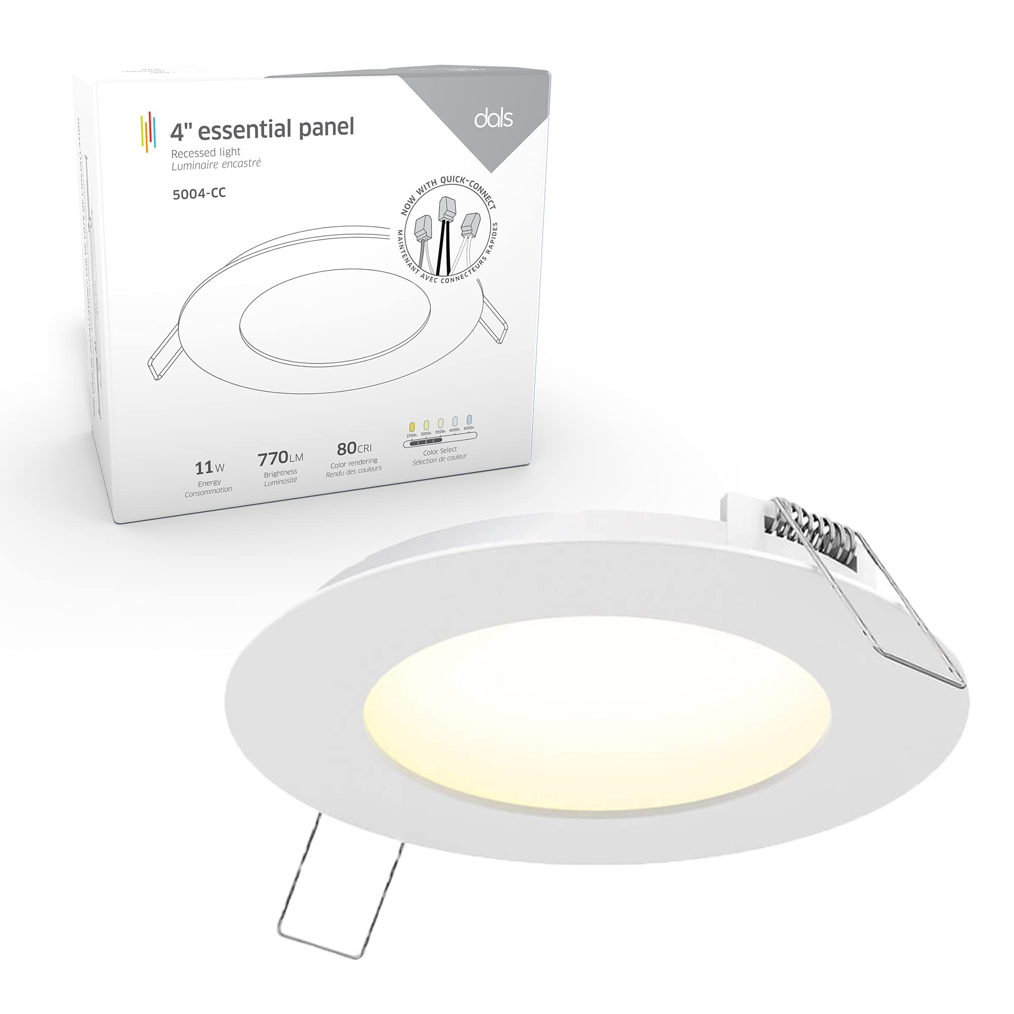 DALS Lighting 4 Inch Round Recessed Panel Light | 11W, 770 Lumens, Dimmable, Wet Rated, CCT Selectable, White, Model 5004-