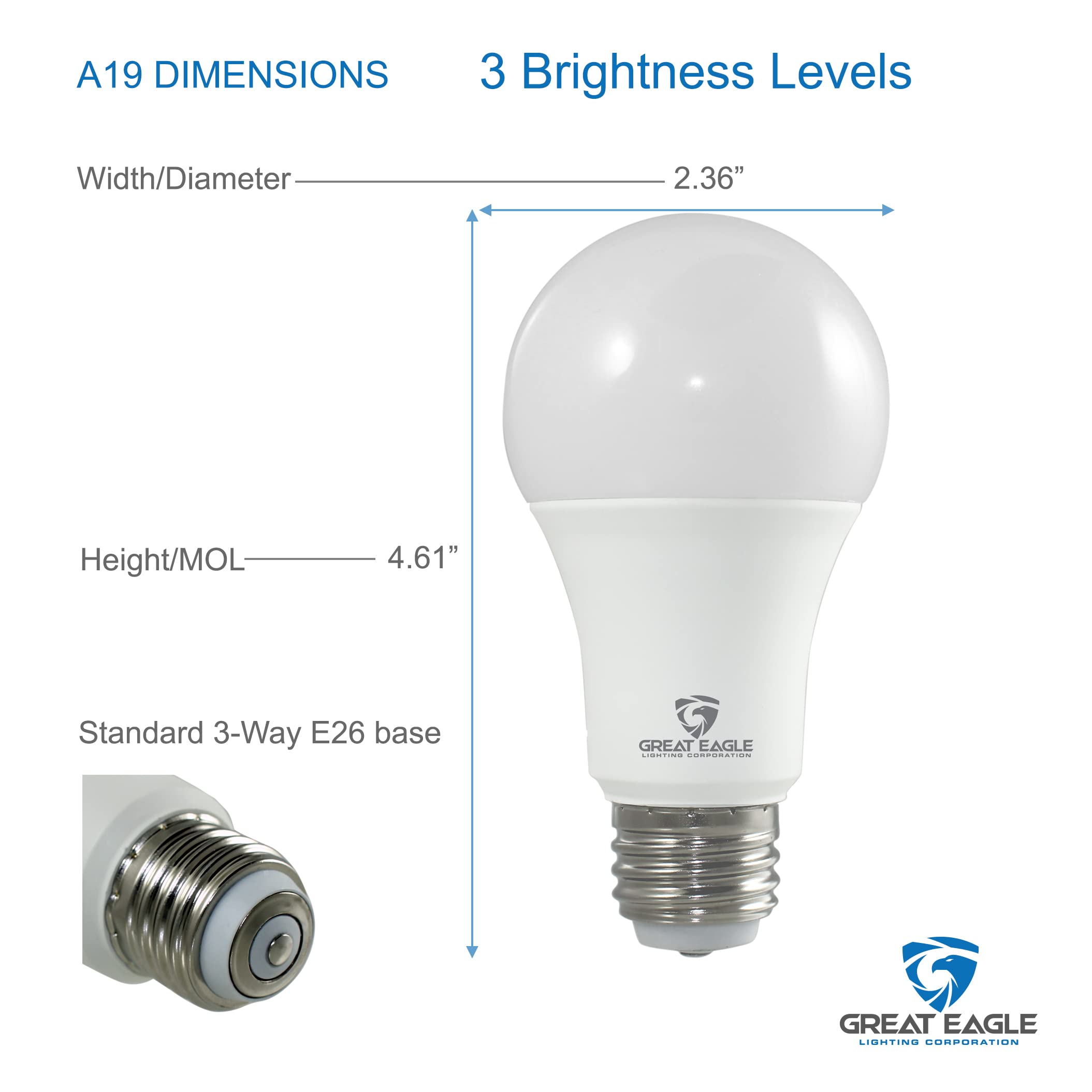 Great Eagle 3-Way A19 LED Light Bulb, 40/60/100W Equivalent, 3000K Soft White, 2-Pack, Plastic