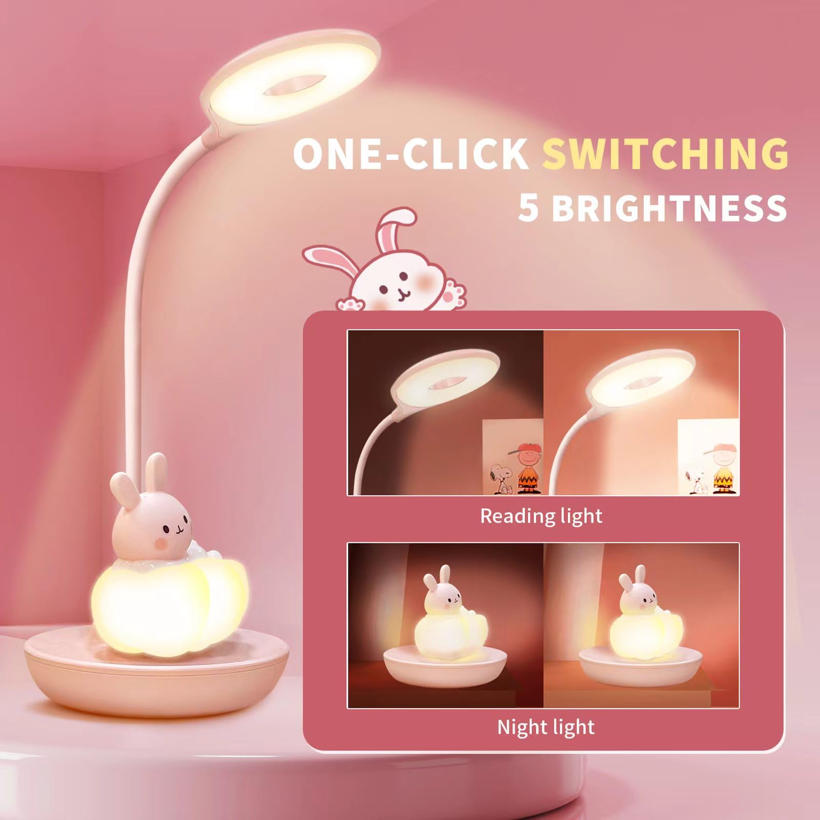 Comprafun Kids Desk Lamp Pink, Dimming Desk Lamp For Girls With Exclusive Cartoon Look, Cute Night Light For Kids Bedroom, Eye-Caring Led Portable Reading Lamp For Child, Unique Gift (Pink Rabbit)