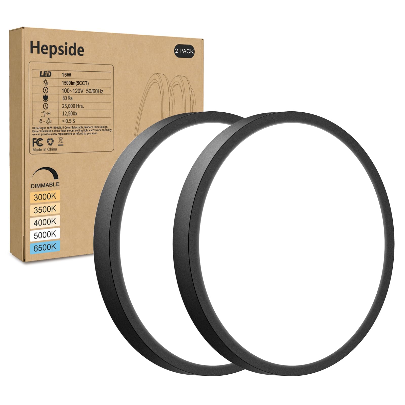 2Pack LED Flush Mount Ceiling Light Fixture, 7Inch 15W, Dimmable&3000K/3500K/4000K/5000K/6500K Adjustable Low Profile Ceiling Li