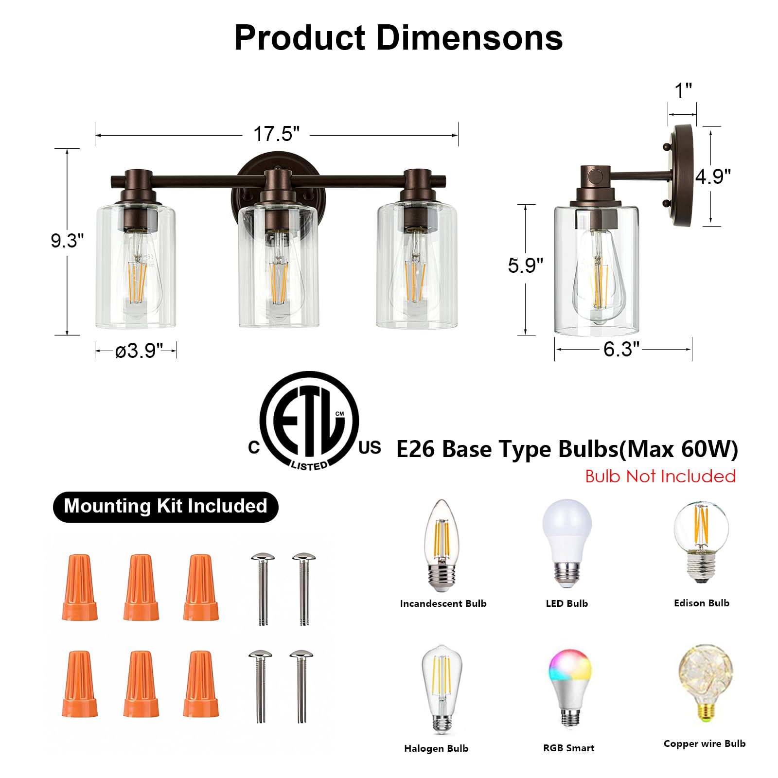 ALAISLYC Bathroom Light Fixture Sconce, 3 Lights, Oil-Rubbed Bronze, Clear Glass, Model ALAISLYC, Ideal for Vanity, Living Room, Hallway