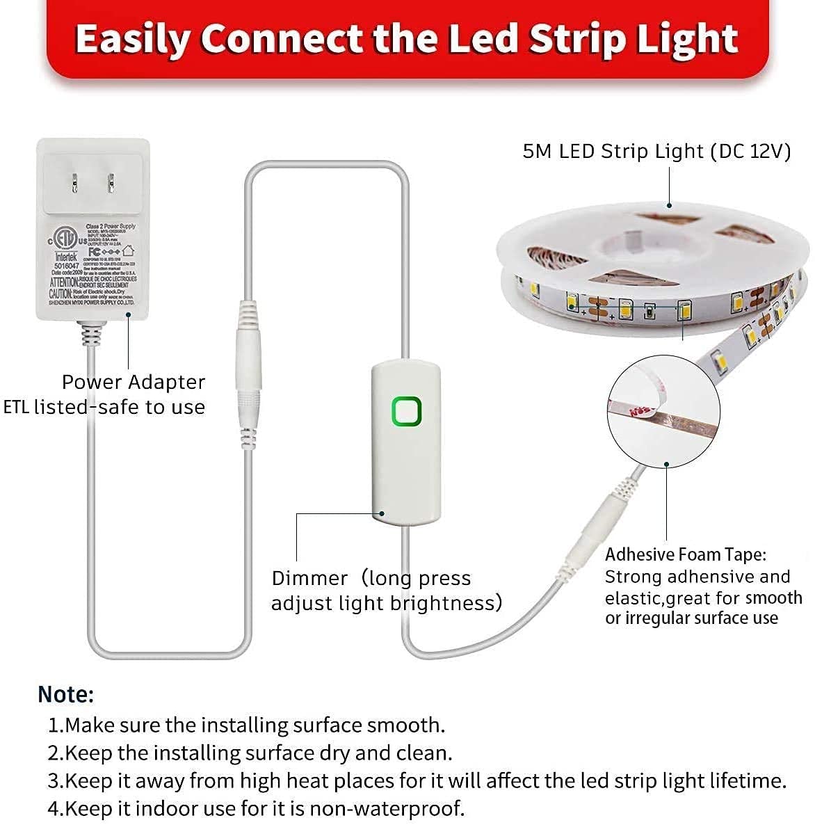 My Beauty Light Led Strip Lights Warm White, 16.4Ft Dimmable Led Light Strip,12V Flexible Led Rope Lights Kits For Kitchen Cabin