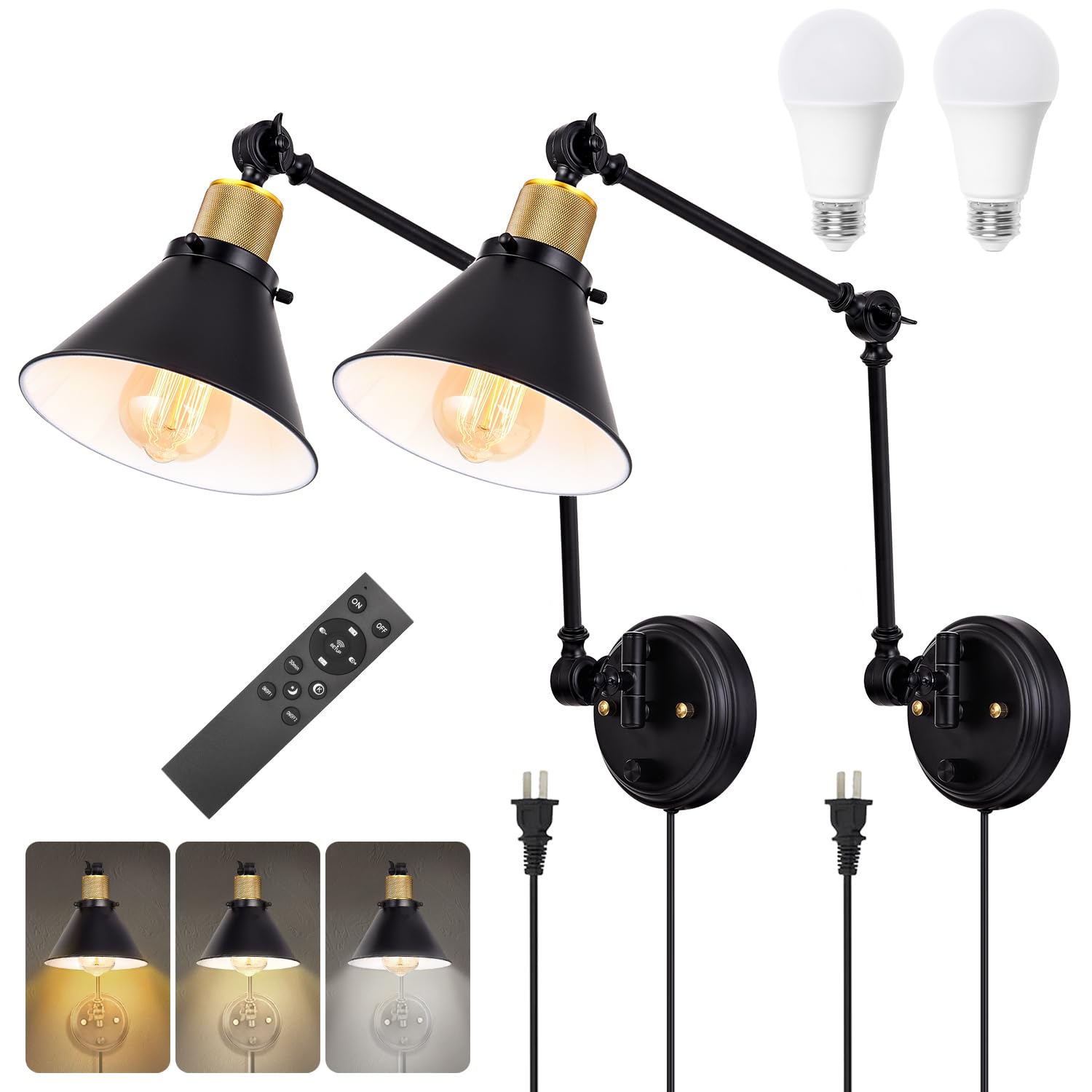 TRLIFE Dimmable Wall Sconce, Remote Control, Adjustable Color Temp 2700K-6000K, 2 Pack, Black, Metal, Model Two-Arms-01-2Re
