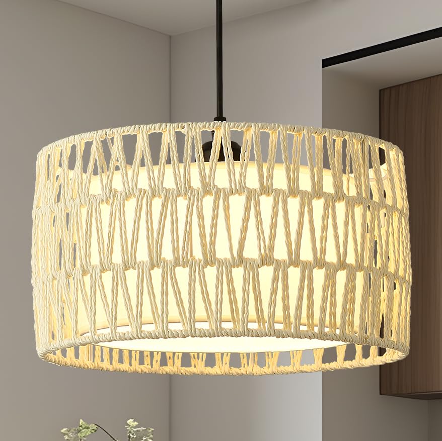 Jtyp Boho Rattan Chandelier Light Fixture, 1-Lights Farmhouse Pendant Light Hand Woven Chandeliers For Dining Room With Fabric S