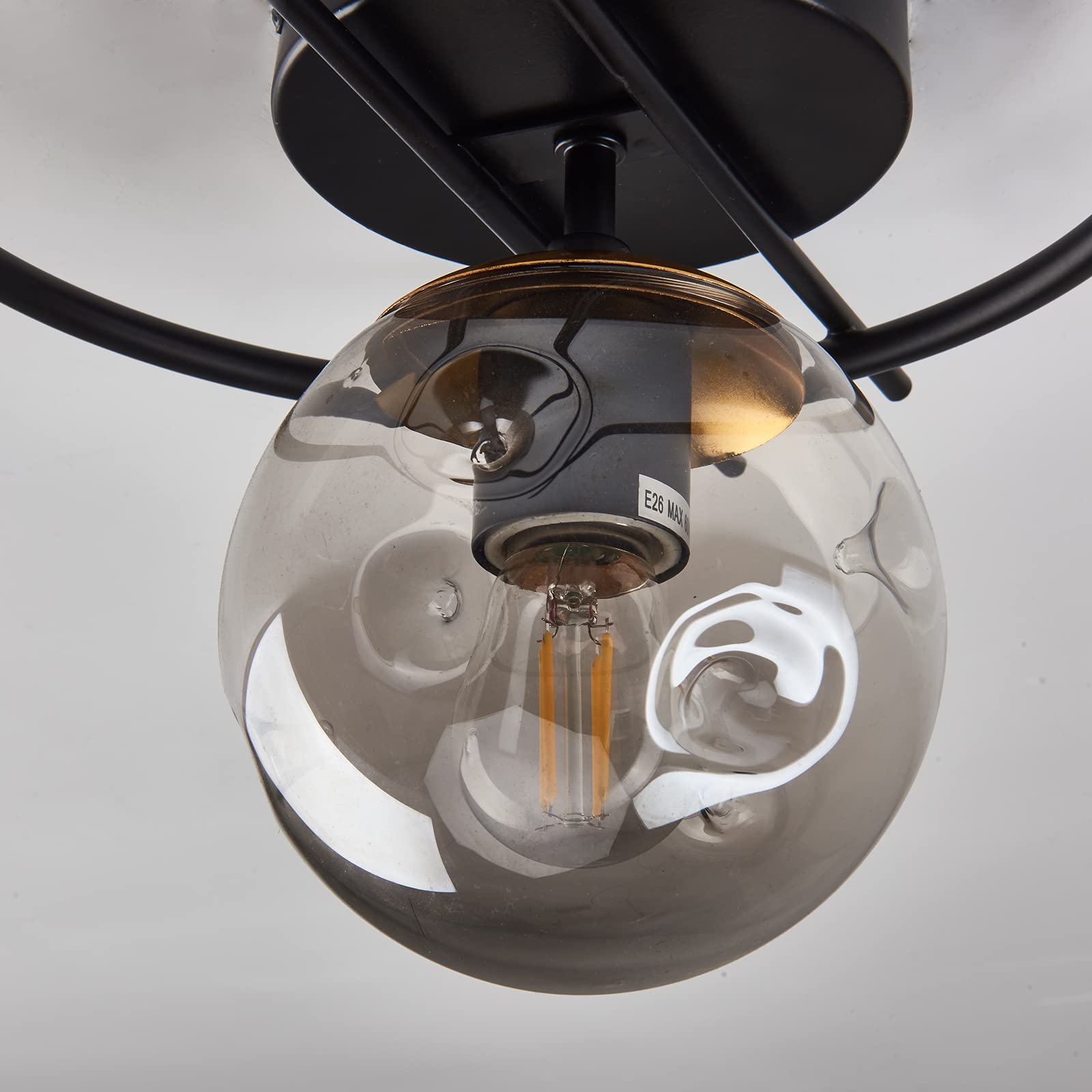 Matte Black & Gold Finish Semi Flush Mount Ceiling Light Fixture Mid Century Modern Chandelier With Glass Globe Small Indoor Lighting For Kitchen Hallway Bathroom Bedroom Closet Farmhouse Proch.