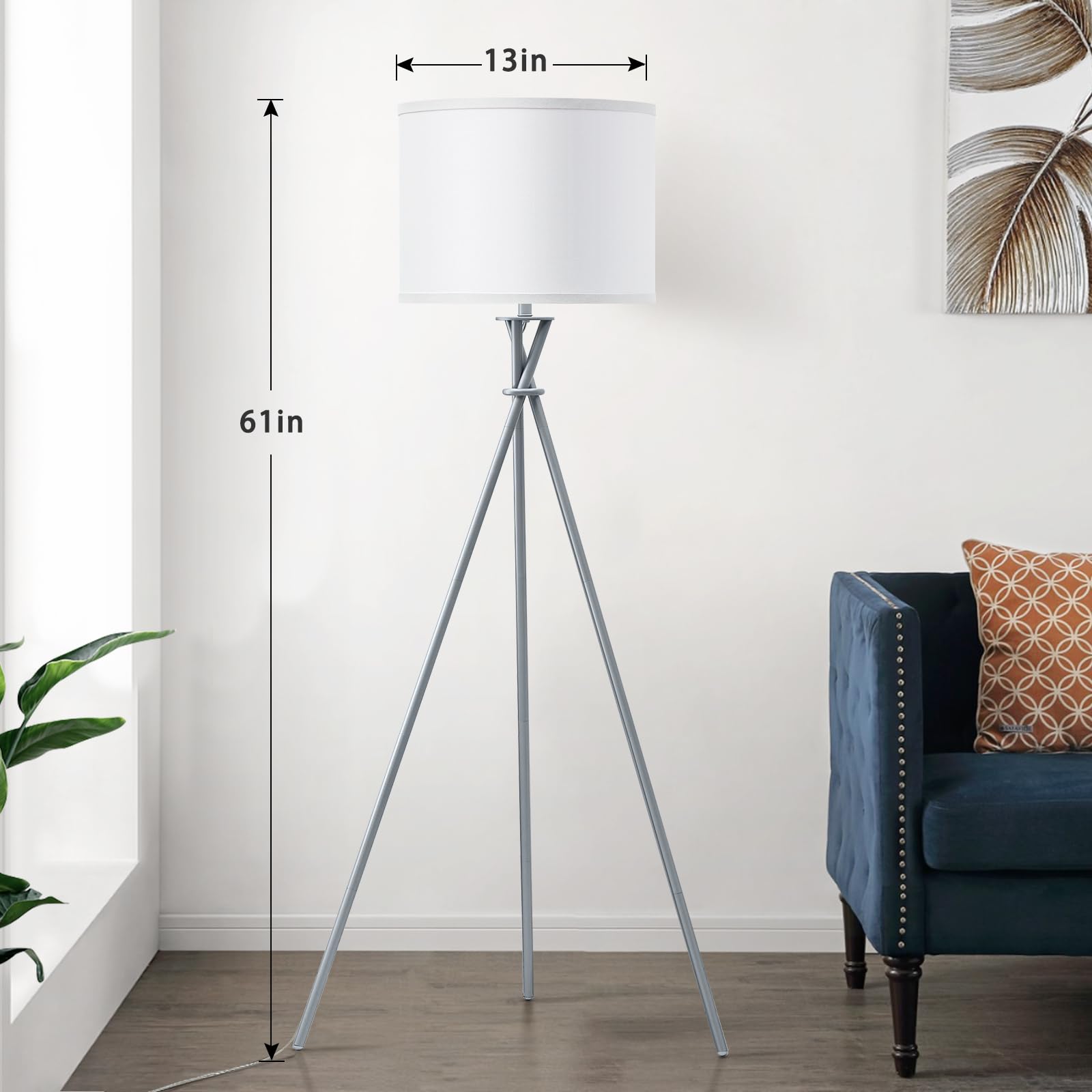 Luvkczc Tripod Floor Lamp Silver, 61” Tall, Metal, Modern Design with White Shade, Model 1FL-054-03