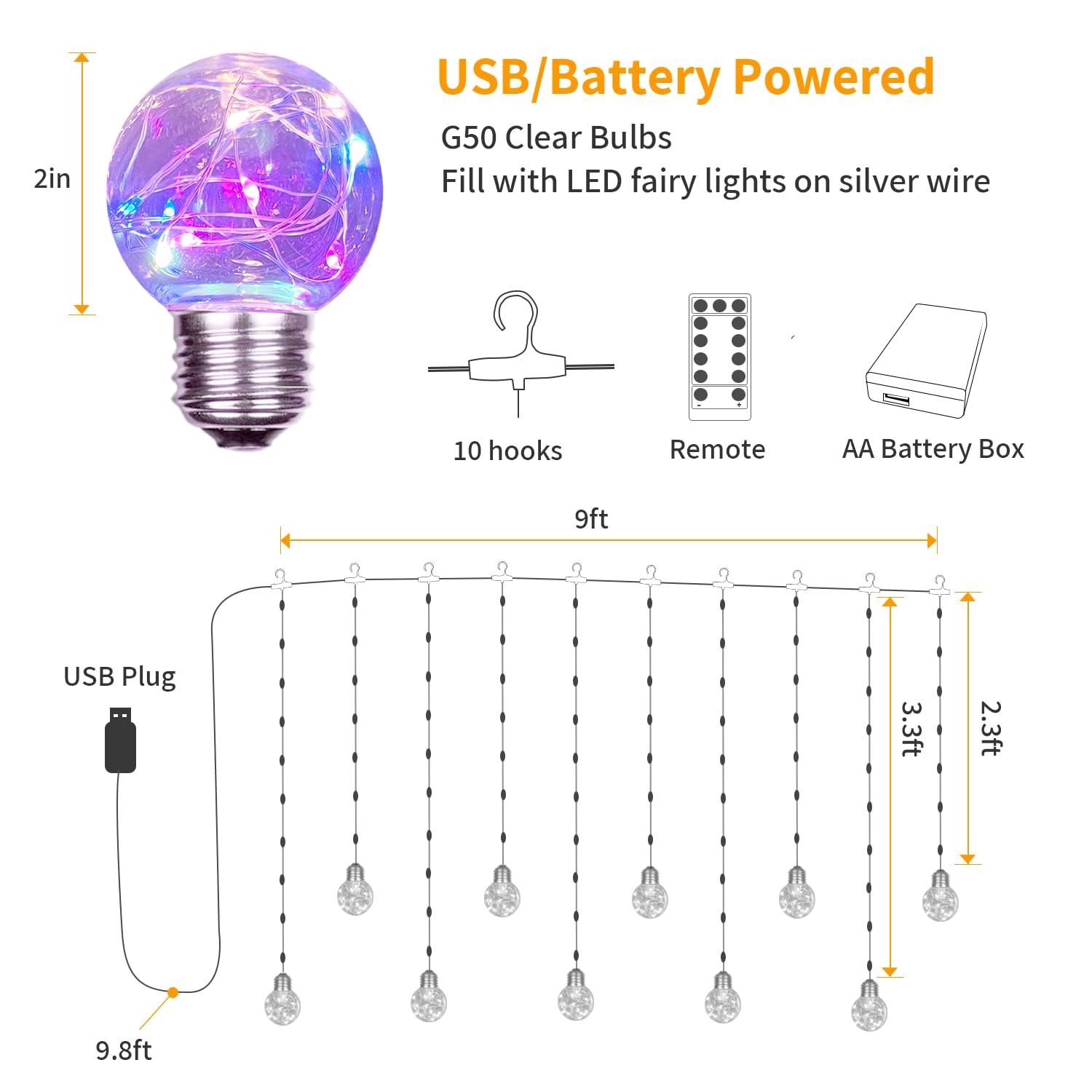 Yolight Wishing Ball Curtain Lights 200 Led Window Curtain String Lights With Remote, Usb Battery Powered Twinkle Globe Fairy Lights For Wedding Party Bedroom Christmas Decoration (Multi-Colored)