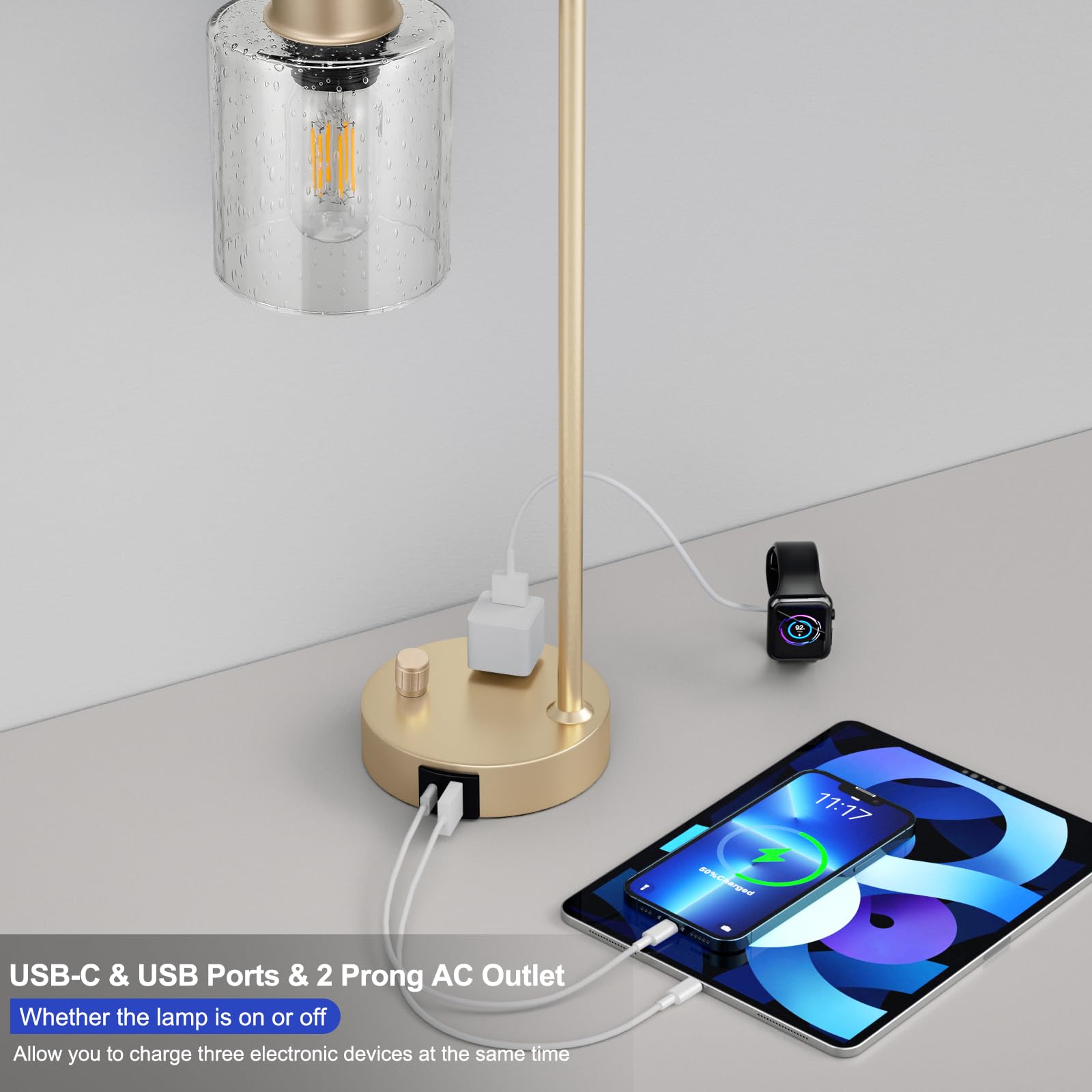 Innqoo Champagne Gold Industrial Bedside Table Lamp, USB C Charging, Fully Dimmable, 5.1 x 7.3 x 17.9 inches, Glass Shade