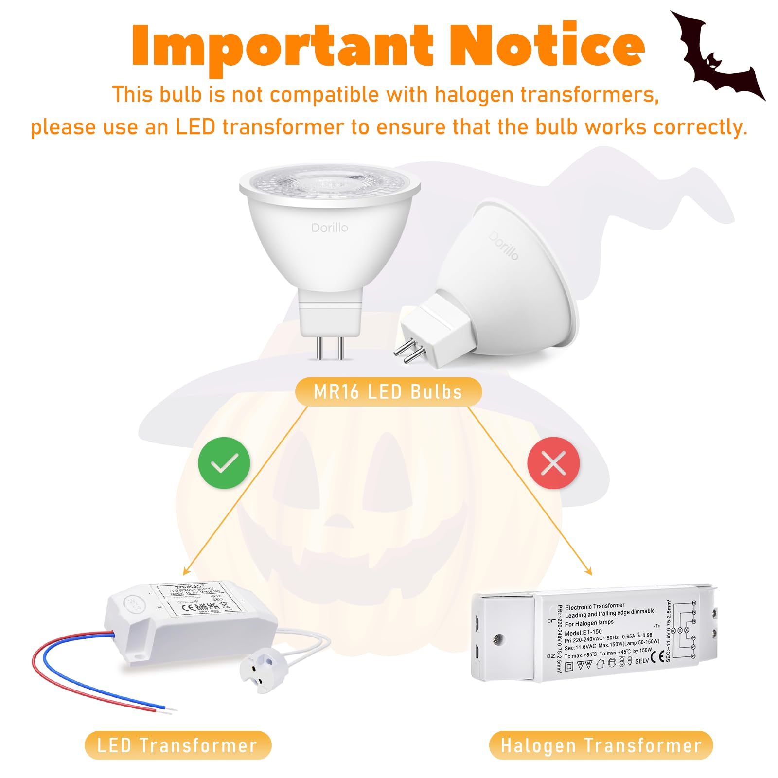 Dorillo MR16 Orange LED Light Bulbs, 6W (50W Equivalent), GU5.3 Bi-Pin, Non-Dimmable, 38° Beam, 6 Pack for Halloween