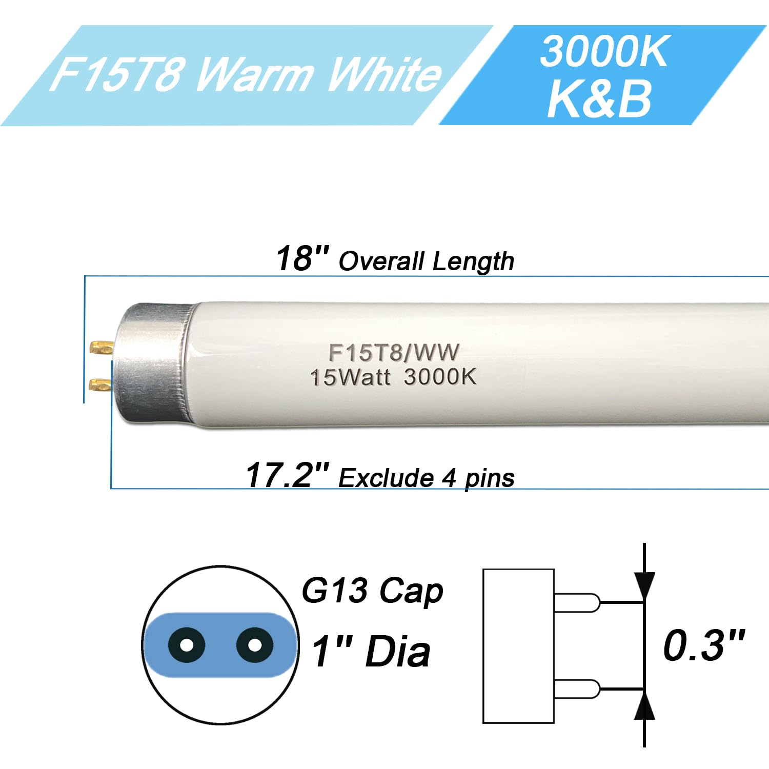 18 inch F15T8/WW Fluorescent Light Bulb 15watt F15T8-KB Warm White Replacement Tube,3000K Soft White T8 Linear Lamp for Kitchen