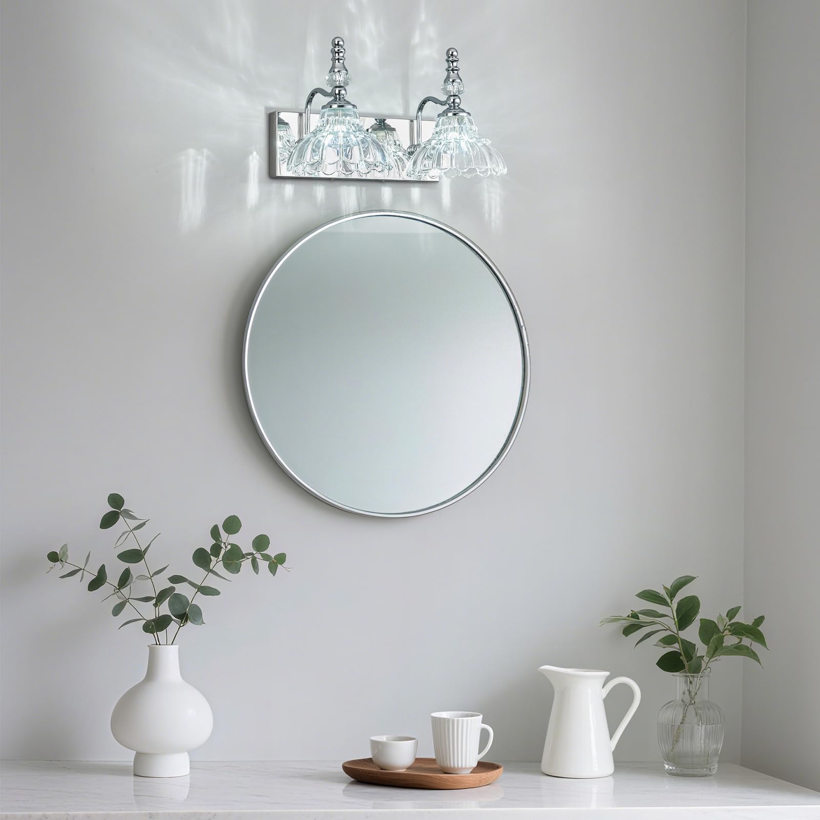Lbsqj Vintage Bathroom Vanity Light  2-Light Chrome Vanity Lighting Fixture With Flower Glass Shade  Bathroom Lighting Fixtures Over Mirror