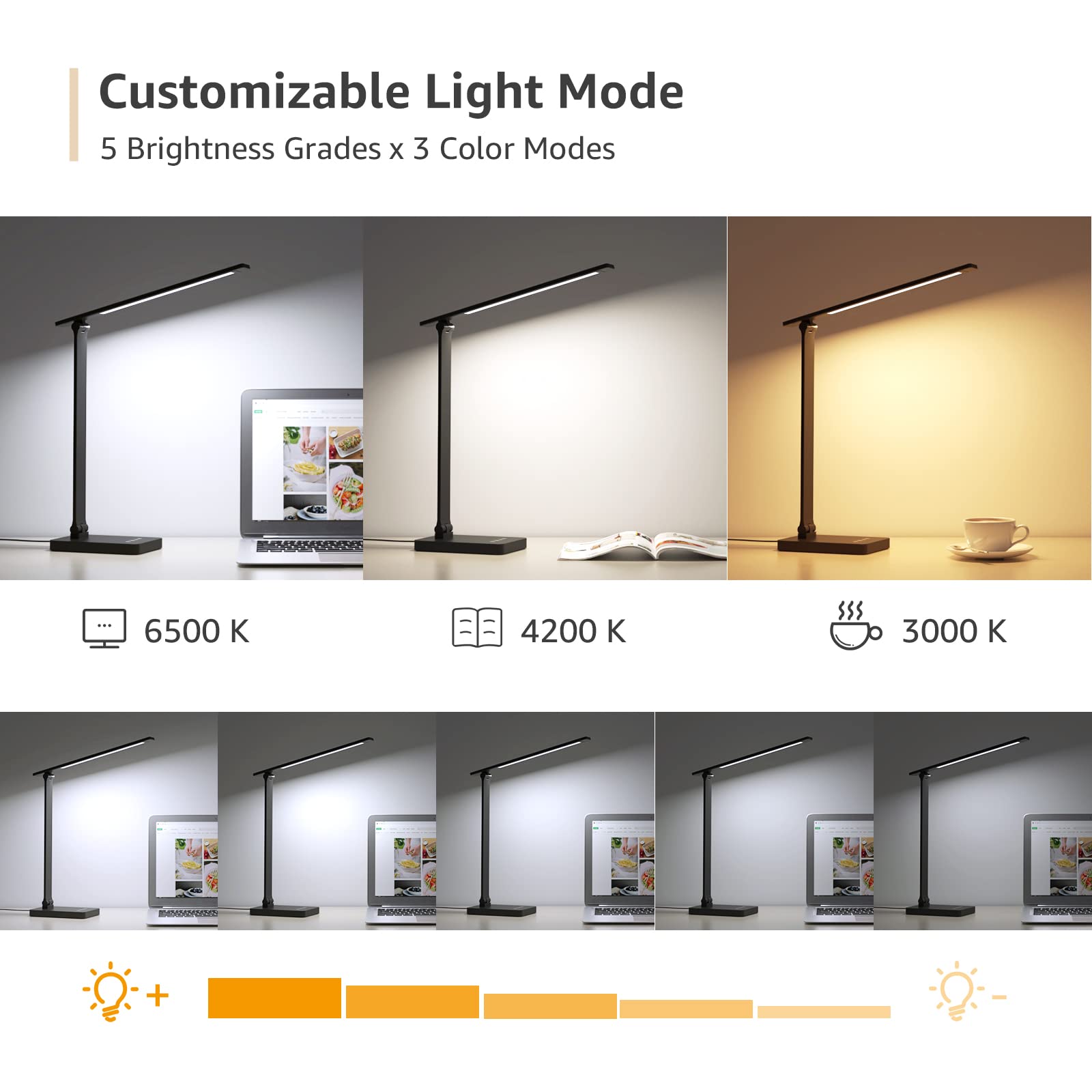 Lepro LED Desk Lamp Touch Control, Dimmable, 3 Color Modes, 5 Brightness Levels, Aluminum, Black