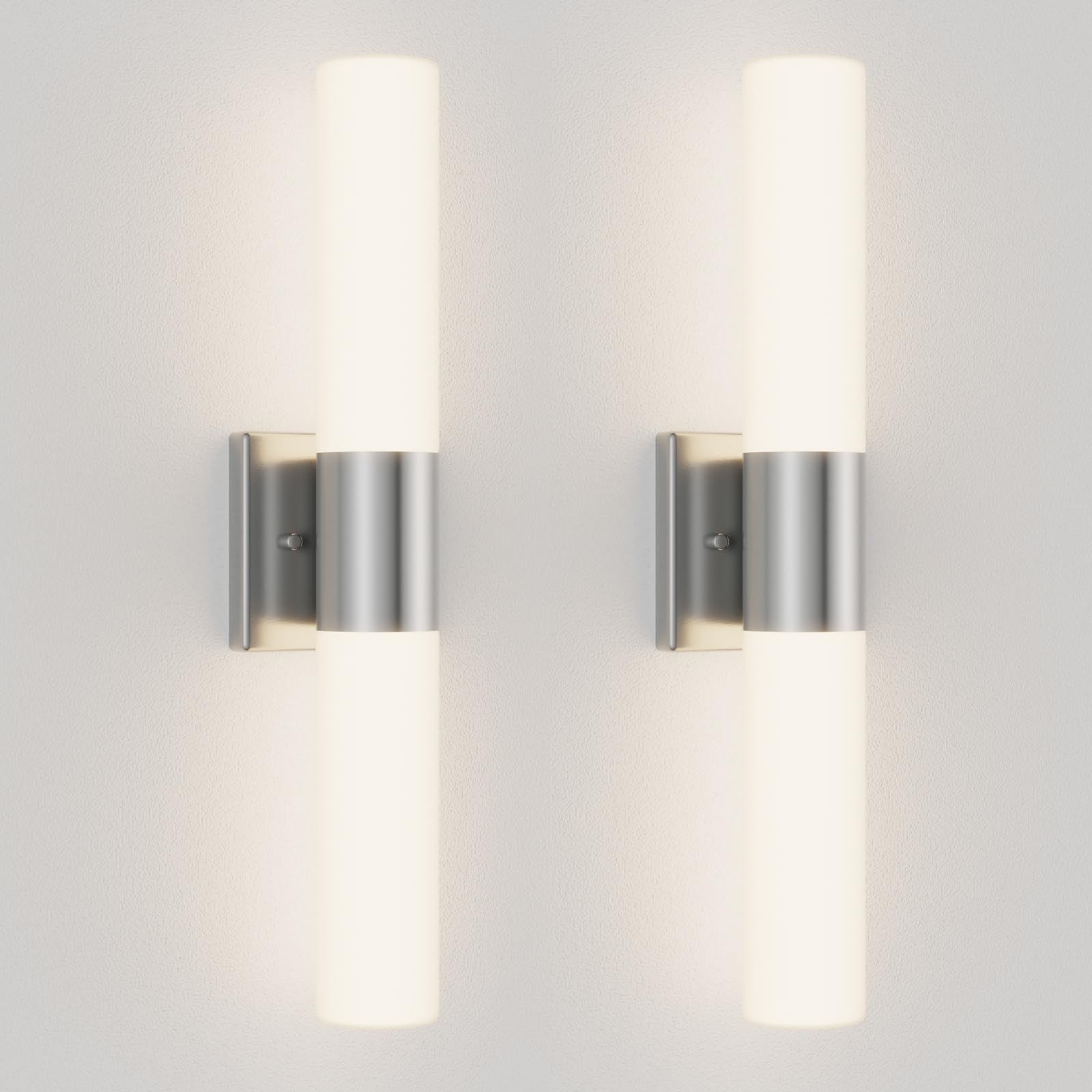 Kalium Bathroom Wall Sconces Set of 2, 21 Inch Modern Vanity Lights, Frosted Glass Shade, Brushed Nickel Finish, Model WL052A-BN