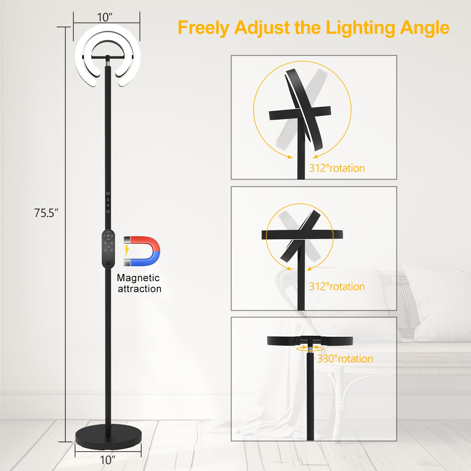 EPABINA 75.5" Floor Lamp with 2 Rotatable Ring Lights, Dimmable LED, Remote Control, Black, Model FDFL02