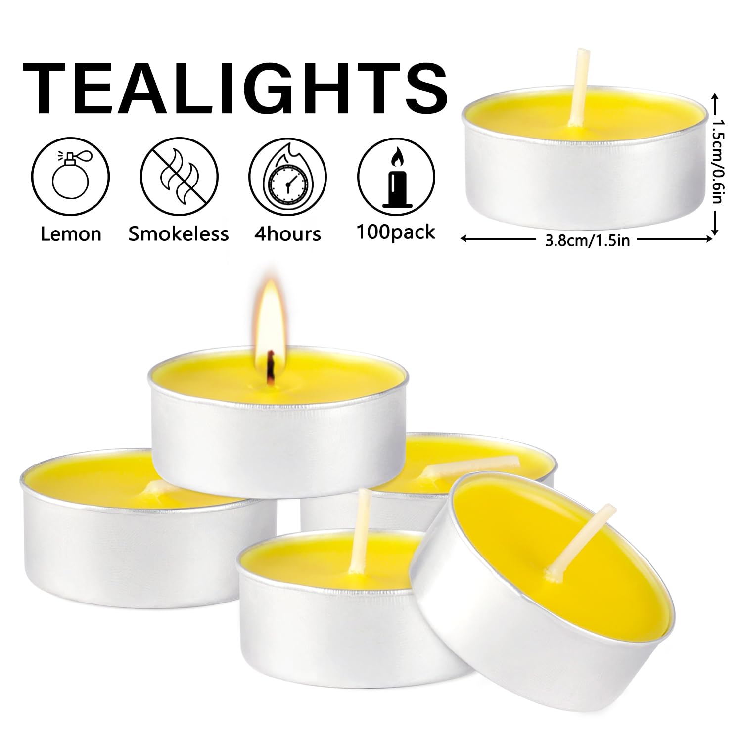 fclayvts 100 Pack Scented Tealight Candles, Yellow Aromatherapy Wax Candles, 4-Hour Burn Time for Home, Wedding, and Holidays