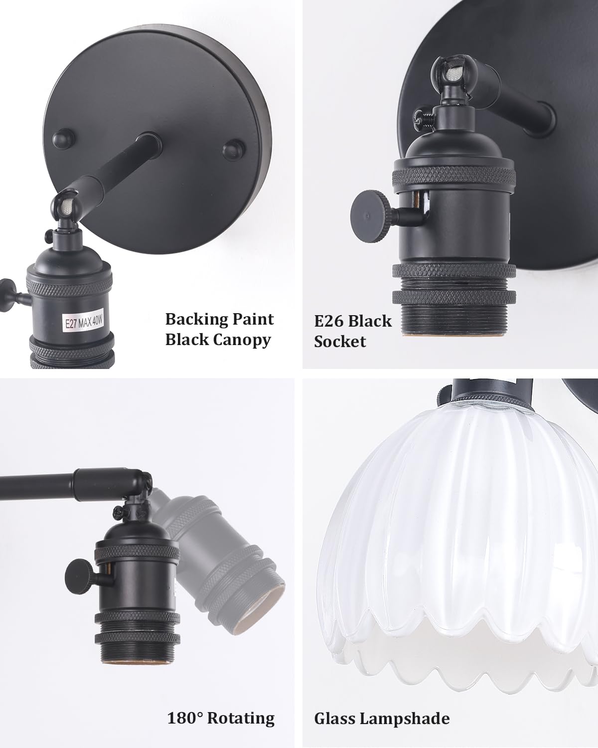 Shenmoyl Vintage Wall Sconce - Battery Operated, White Tulip Glass, Remote Control, Black Base, Model 1-93317