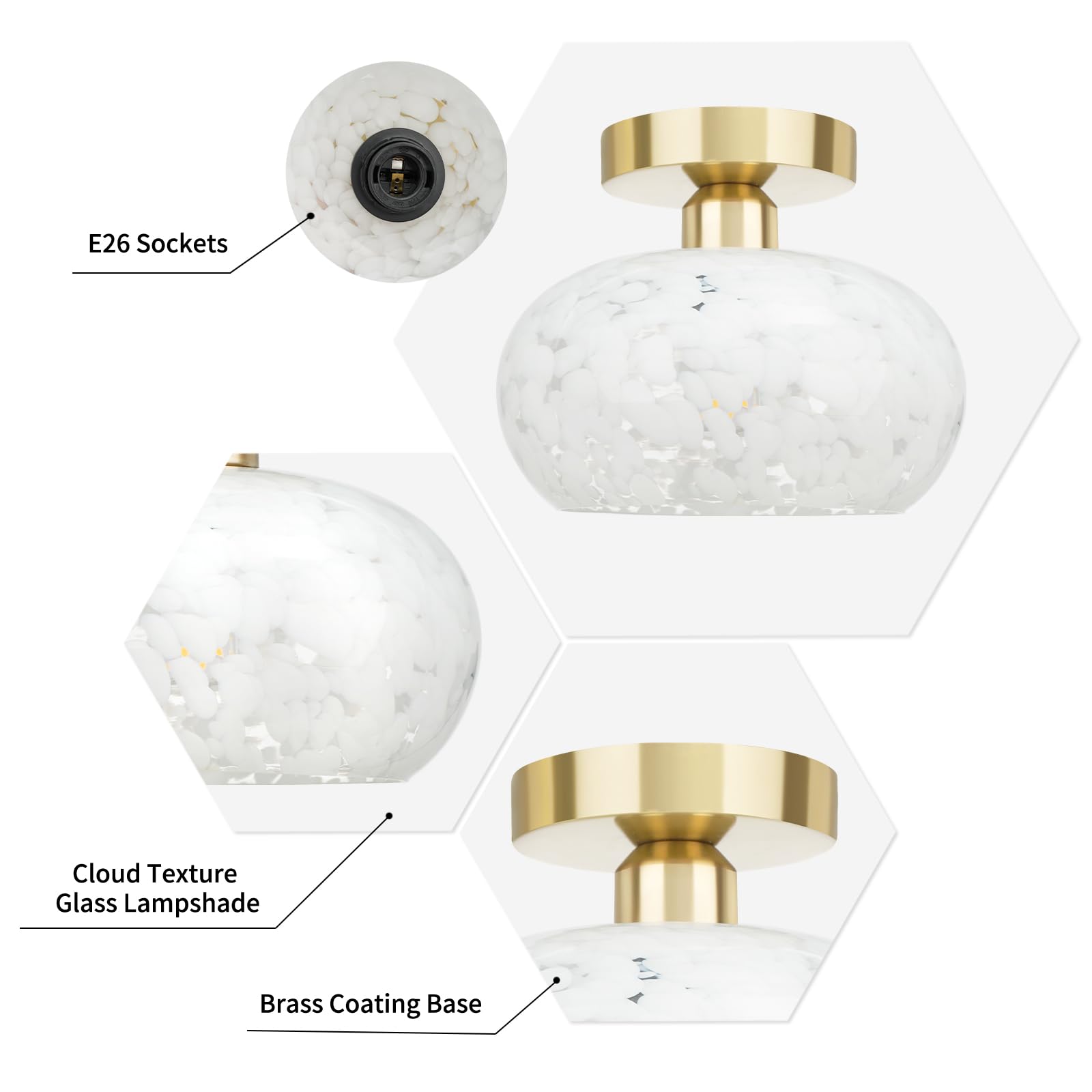 FRIDEKO HOME Semi Flush Mount Ceiling Light - Glass, 8.66 Inch, White Cloud, Model L01122-02-22CM-US