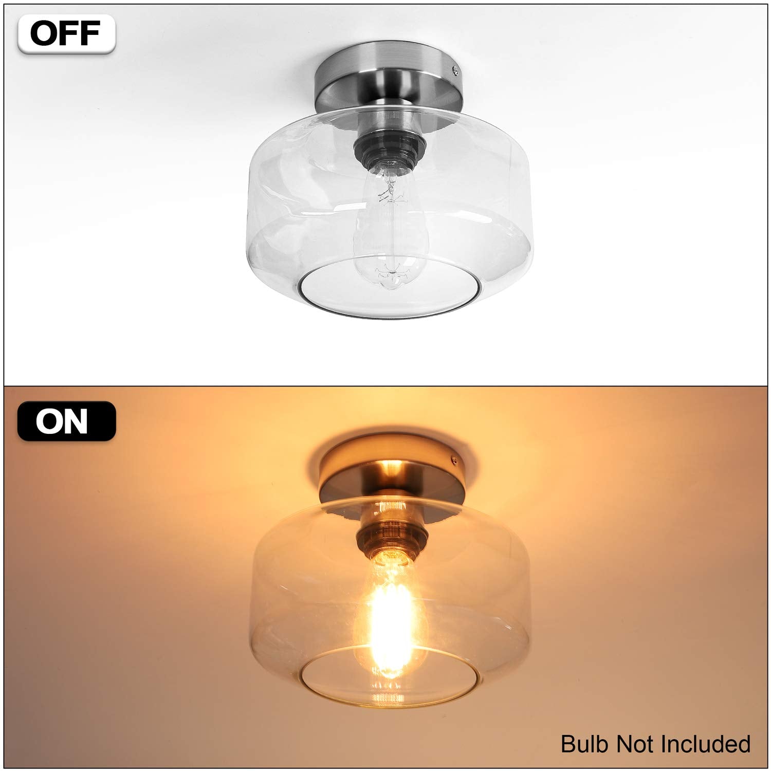 Maxvolador Industrial Semi Flush Mount Ceiling Light Brushed Nickel, Clear Glass Pendant Lamp Shade Farmhouse Lighting Hallway,