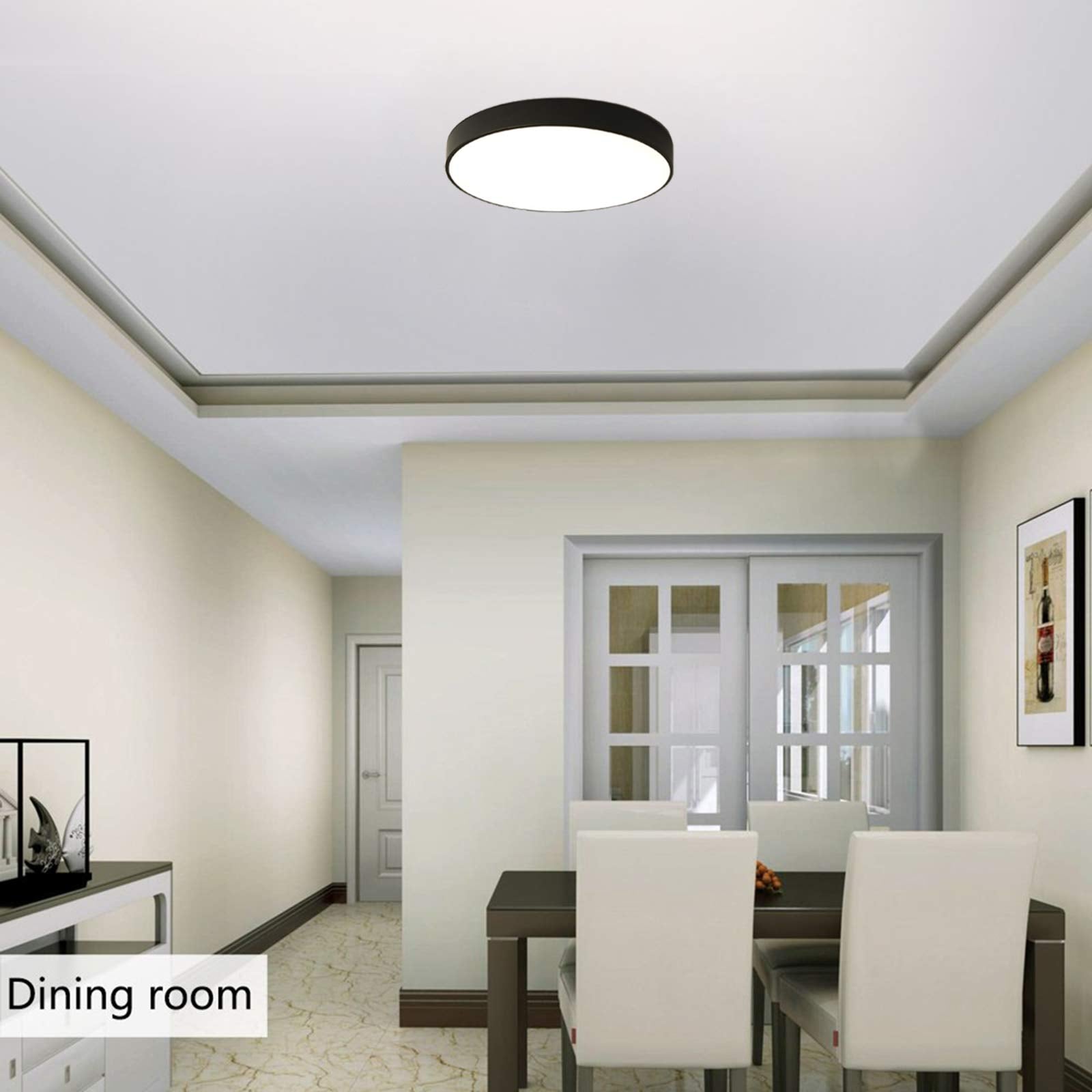 Ganeed LED Ceiling Light, 24W Flush Mount, 12 Inch, Iron, Black, Model PZE-XDD-911, Modern Fixture for Dining Room, Kitchen, Office