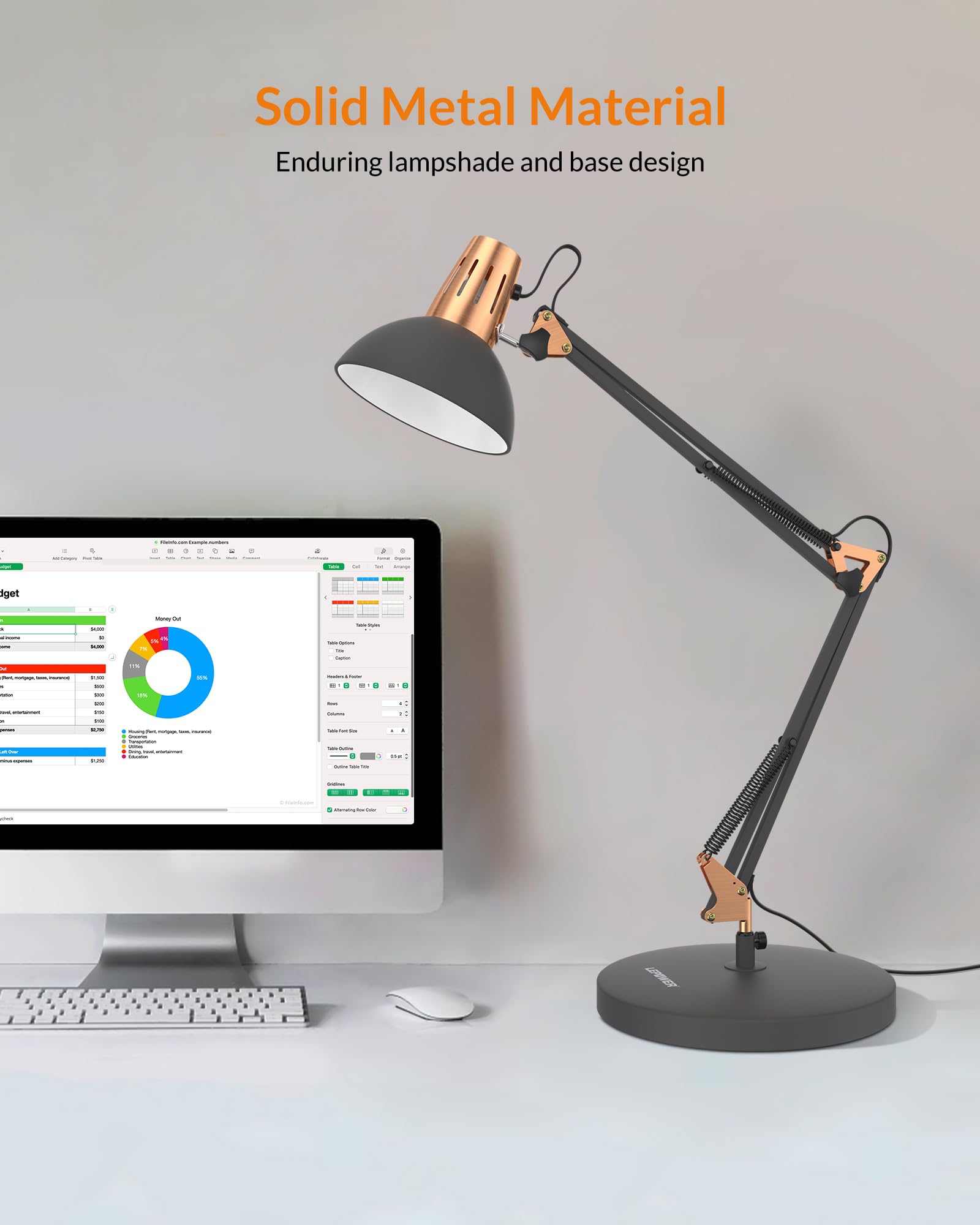 LEPOWER Adjustable Metal Desk Lamp with On/Off Switch, Sandy Black, Model UT2020, Eye-Caring for Bedroom & Office