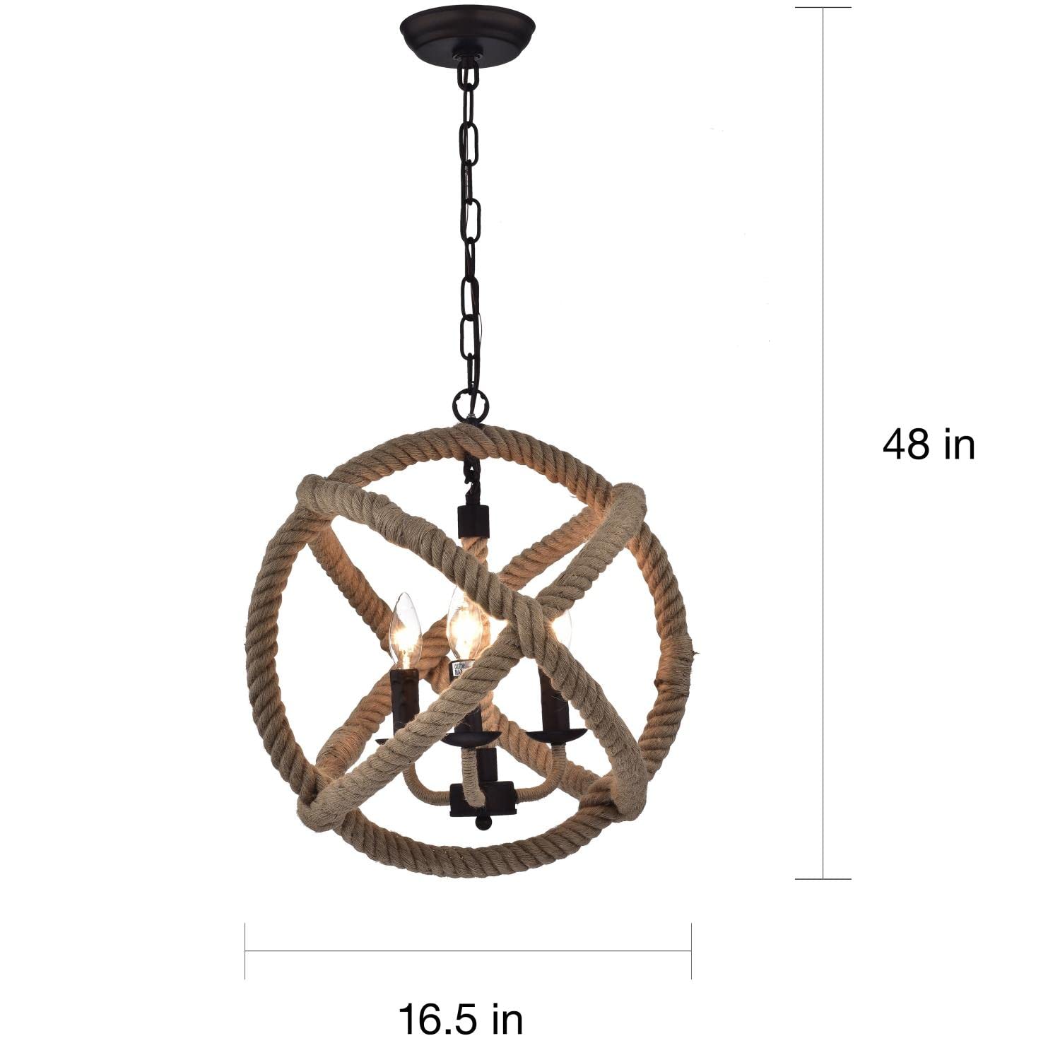 Warehouse of Tiffany Chandelier RL8149AB, 16.5in Antique Bronze Metal with Hemp Rope, Brown/Tan