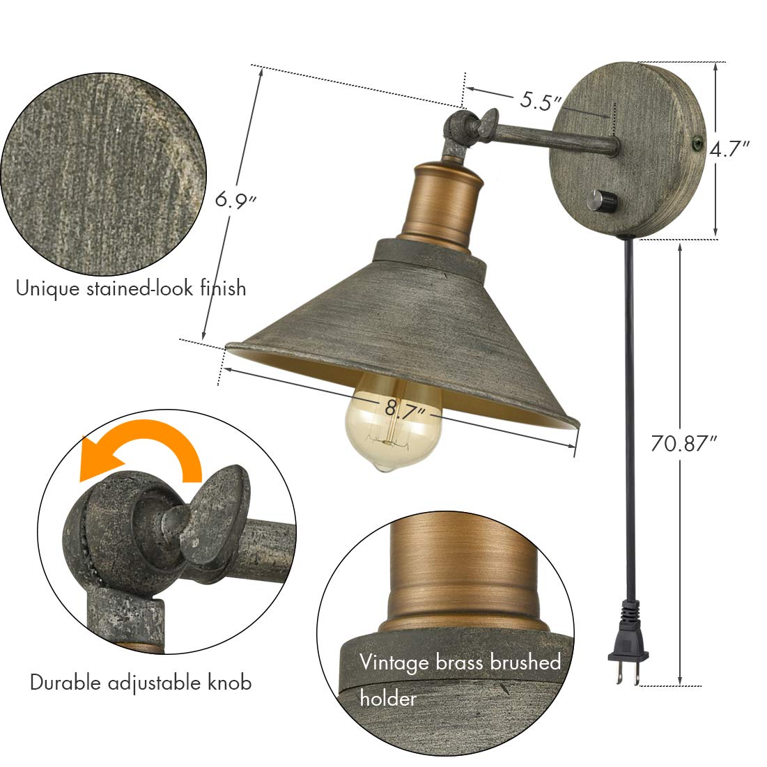 JEENKAE Vintage Wall Sconces Set of 2, Hardwired/Plug-in, Dark Charcoal Gray, Metal, Model T8856BU-C-LM-2