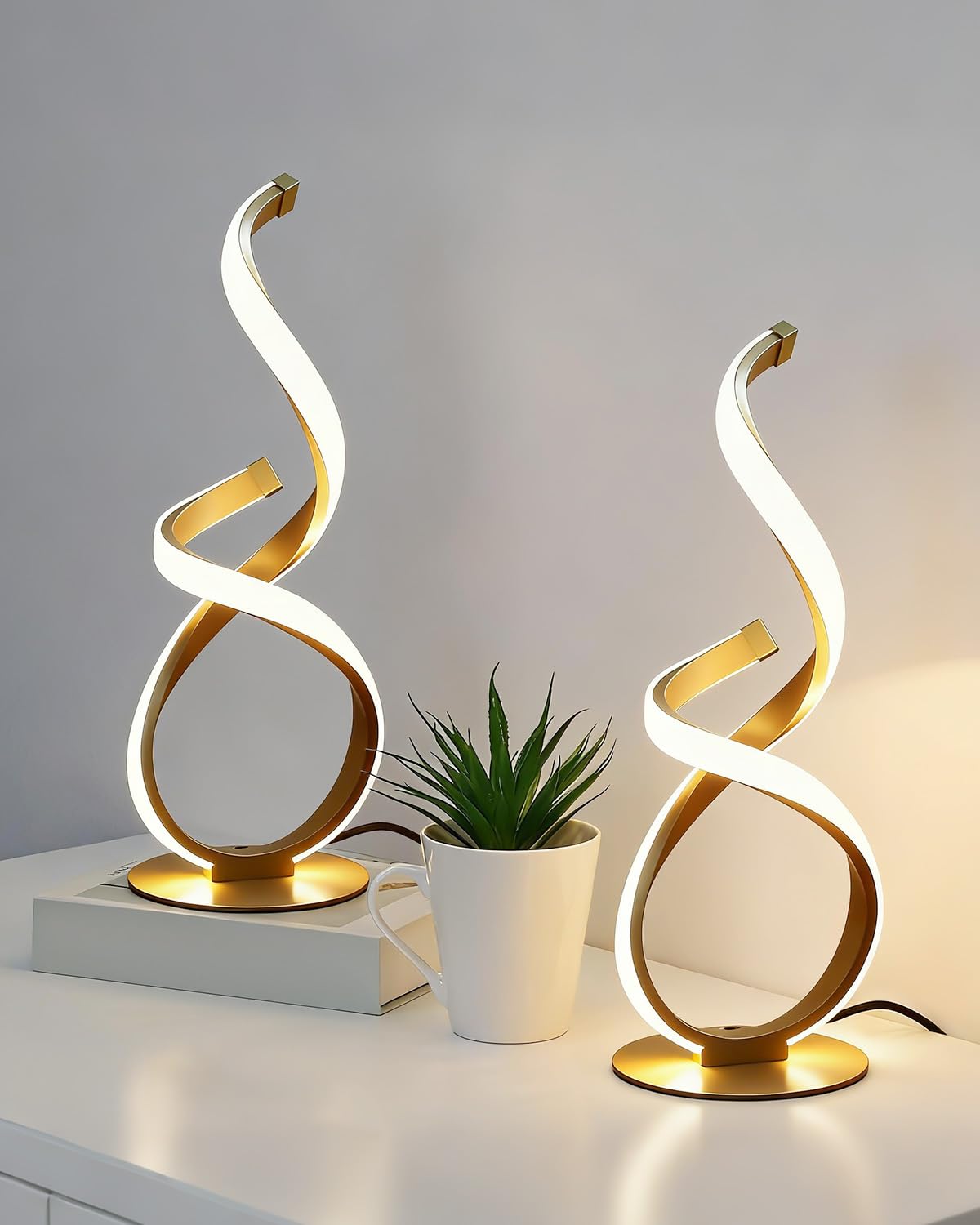 JIOODICH. 2 Pack Bedside Table Lamp  LED Spiral Desk Lamp  Touch Dimmable  3 Color Temperature  Modern Nightstand Light for Night Stands  Unique Side Light for Bedroom  Living Room  Gold