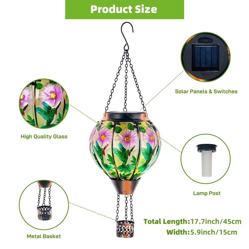 Dreamsoul Hummingbird Hot Air Balloon Solar Lantern, Hanging Solar Lanterns Outdoor With Flickering Flame Light, Metal & Glass S