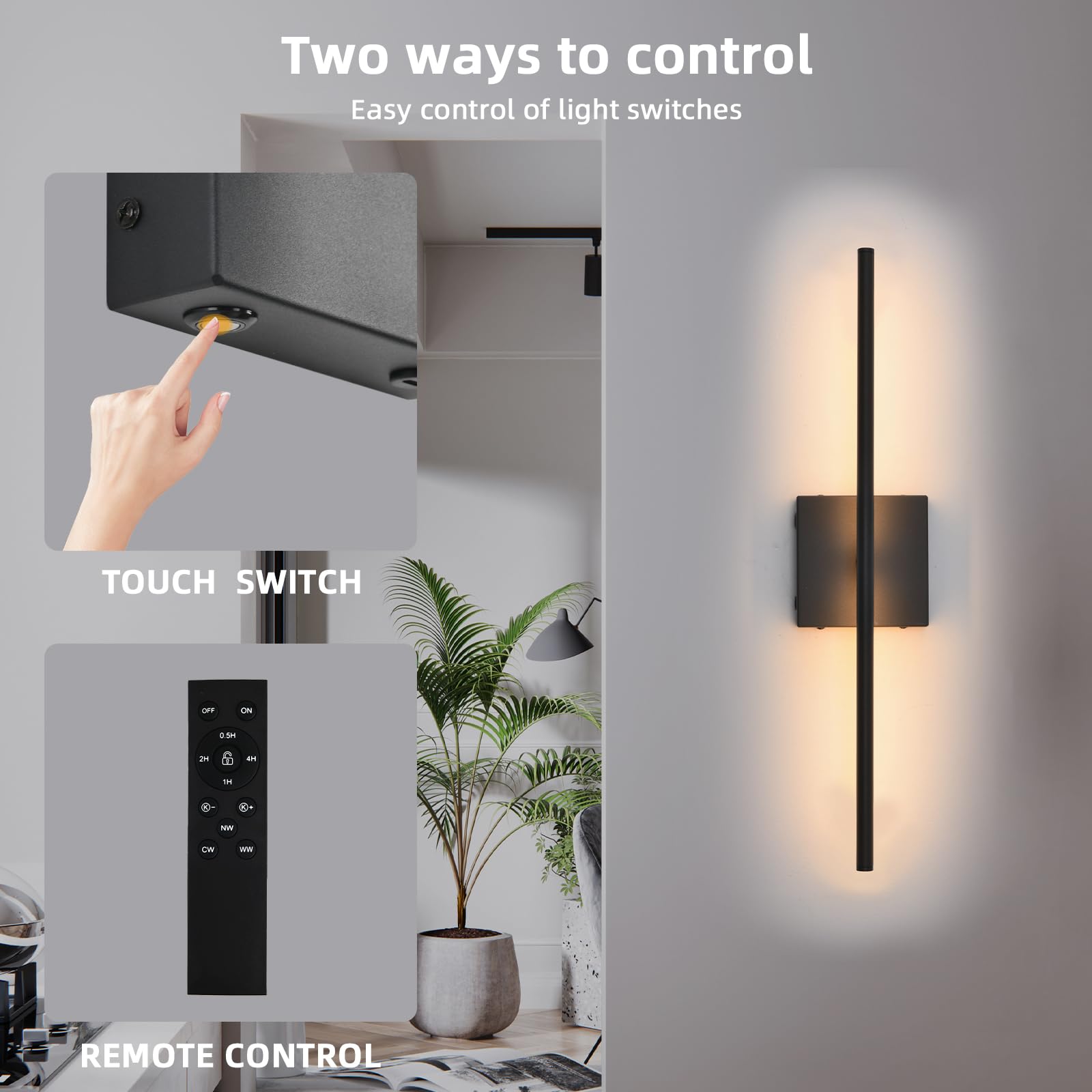 Ovyiech Battery Operated Wall Sconces Set Of 2, Black Rechargeable Wall Sconce With Remote Control, 3000K-6000K Dimmable Led Wir
