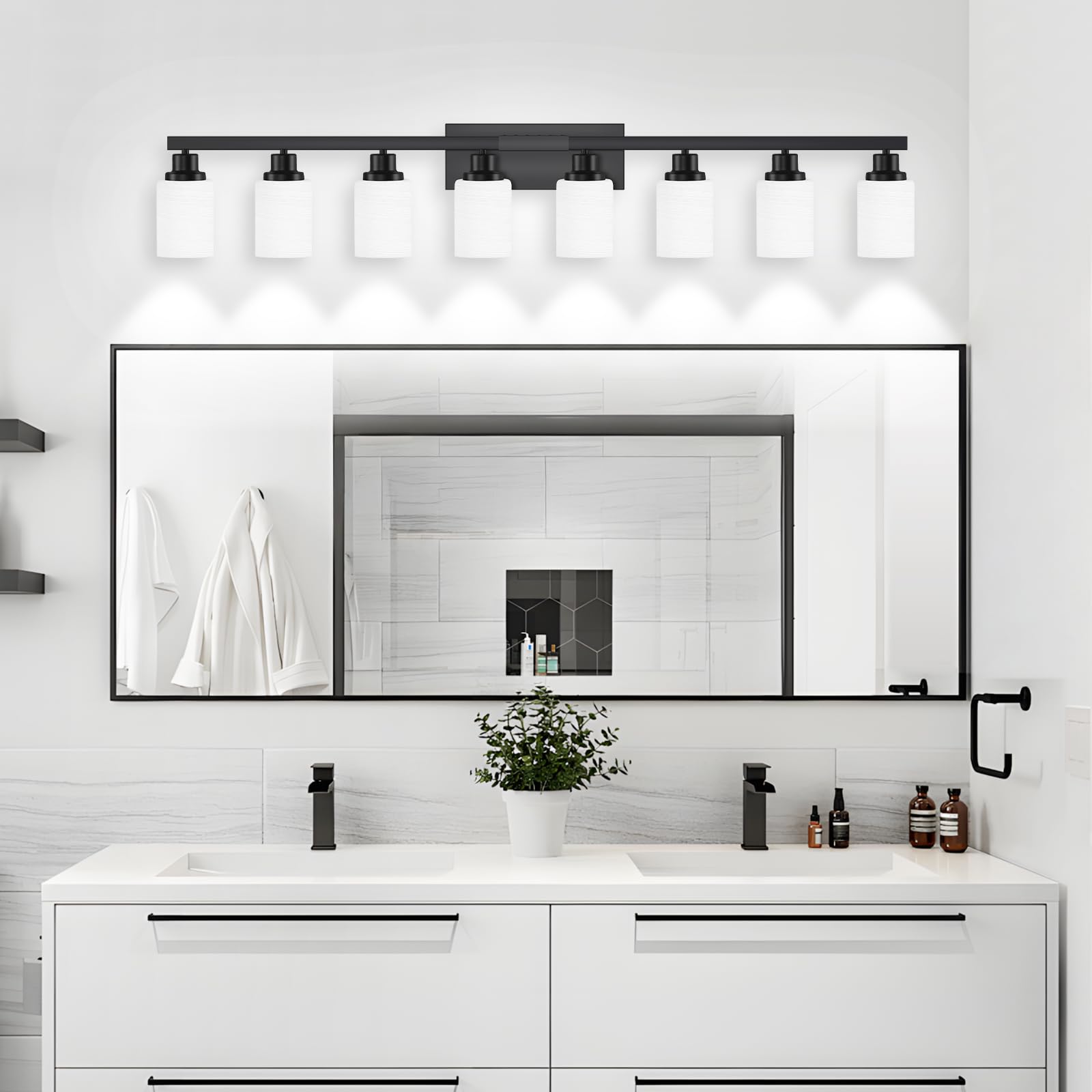 Dikaida 8-Light Bathroom Light Fixtures Over Mirror, 52Inch Modern Matte Black Vanity Lights With White Frosted Glass Shade, Bat