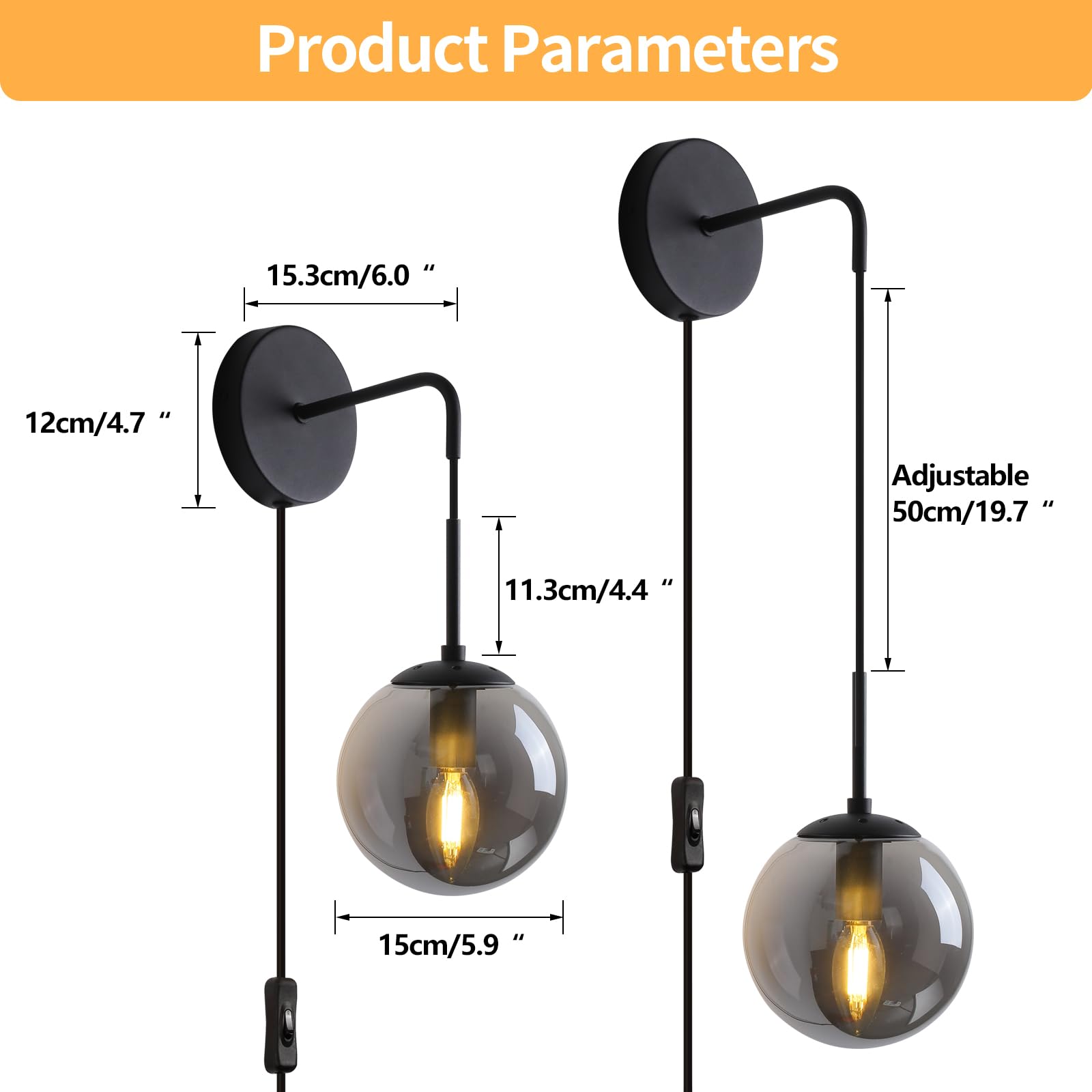 KUZZULL Wall Sconces Set of 2, Matte Black Iron with Smoke Grey Glass Shade, 29in Plug-in Lights for Bedroom Decor