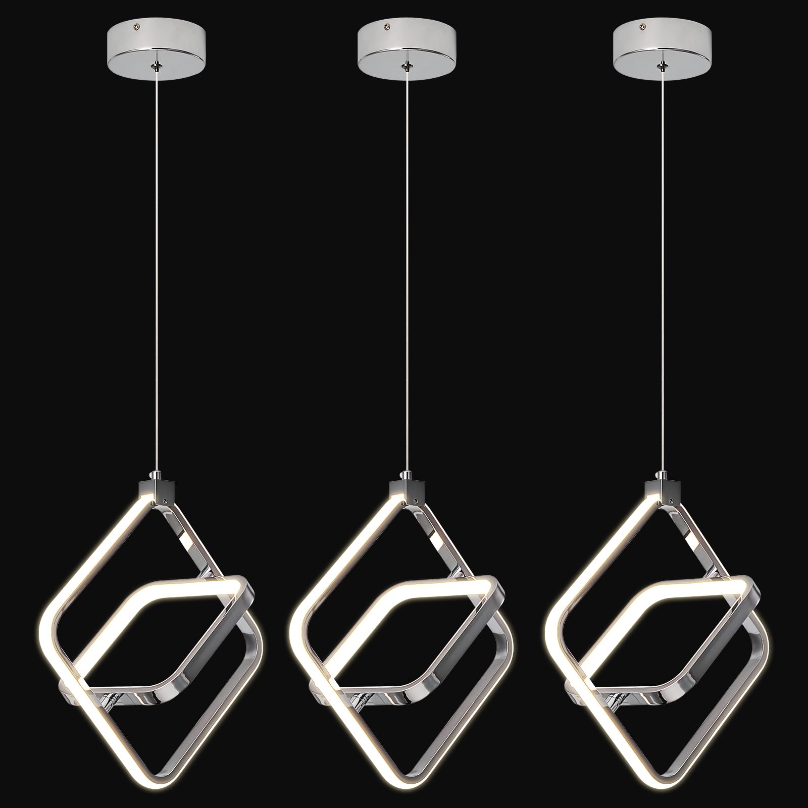 Bnhhlz Modern Led Chandelier Chrome Rectangular Pendant Light Fixtures 4000K 20W Dimmable Height Adjustable Pendant Lighting For Dining Room Kitchen Island Bedroom Living Room Foyer(3-Pack)