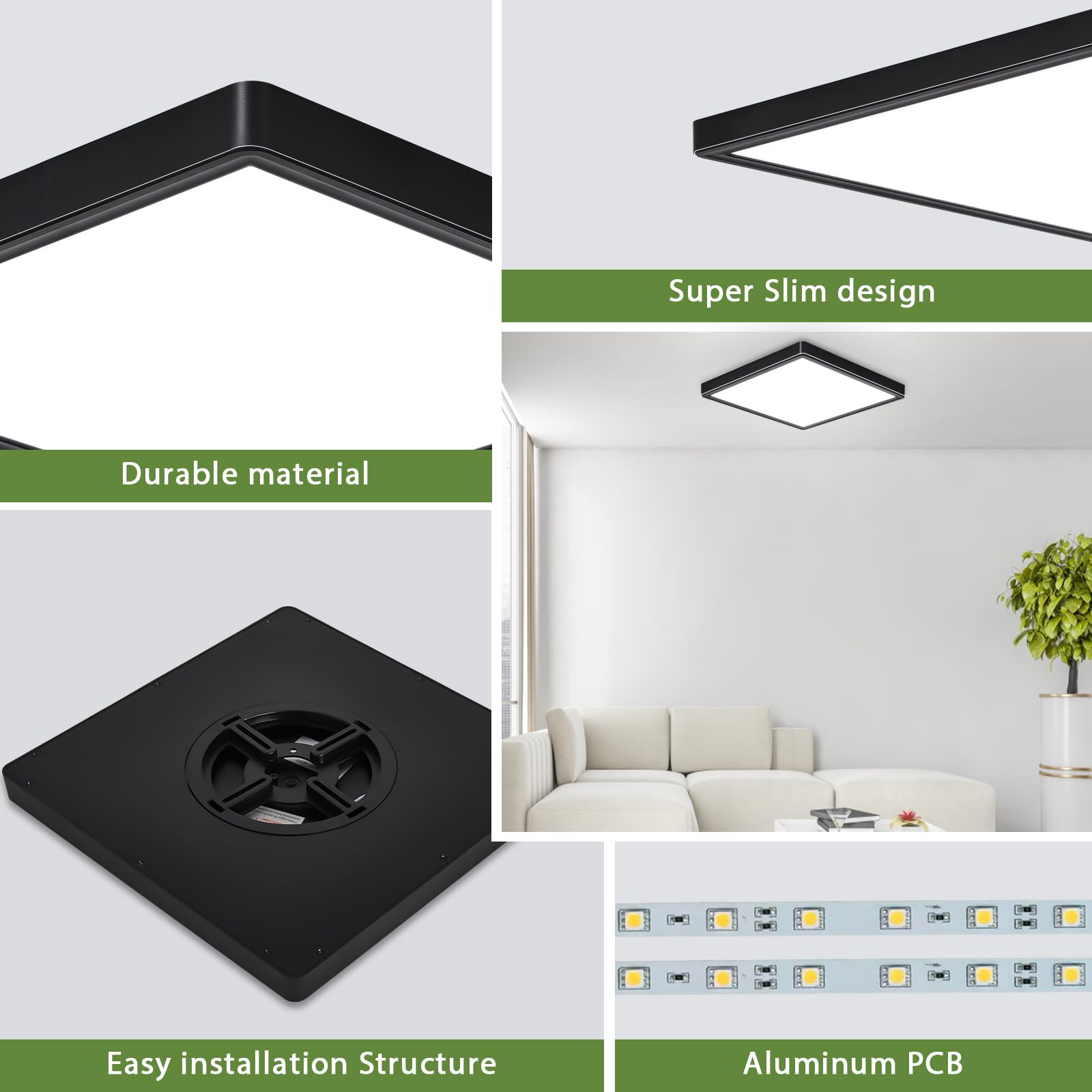 Rezant 12 Inch 24W Flush Mount Square Led Ceiling Light, 3000K/4000K/6000K Adjustable Flush Mount Light Fixture, 2800Lm Bright Flat Ceiling Light Fixtures For Bedroom, Kitchen, Hallway (Black-4 Pack)