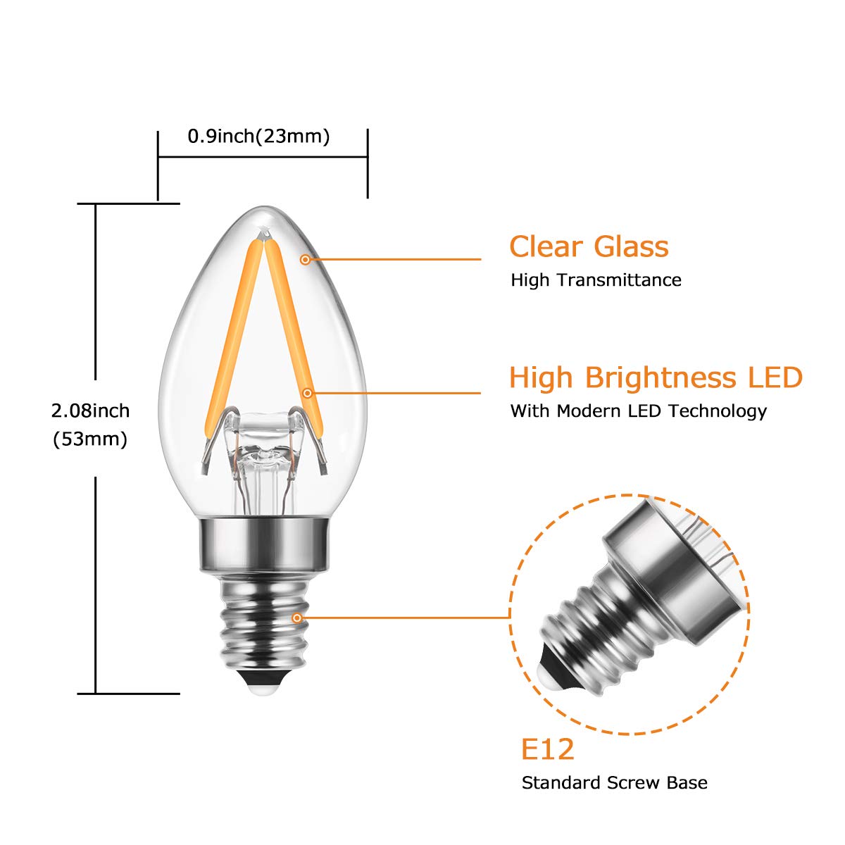 Doresshop C7 Mini Candelabra Led Bulb, Led Filament Night Bulb, Christmas Light Bulbs, 2W (20W Equivalent), E12 Candelabra Base,