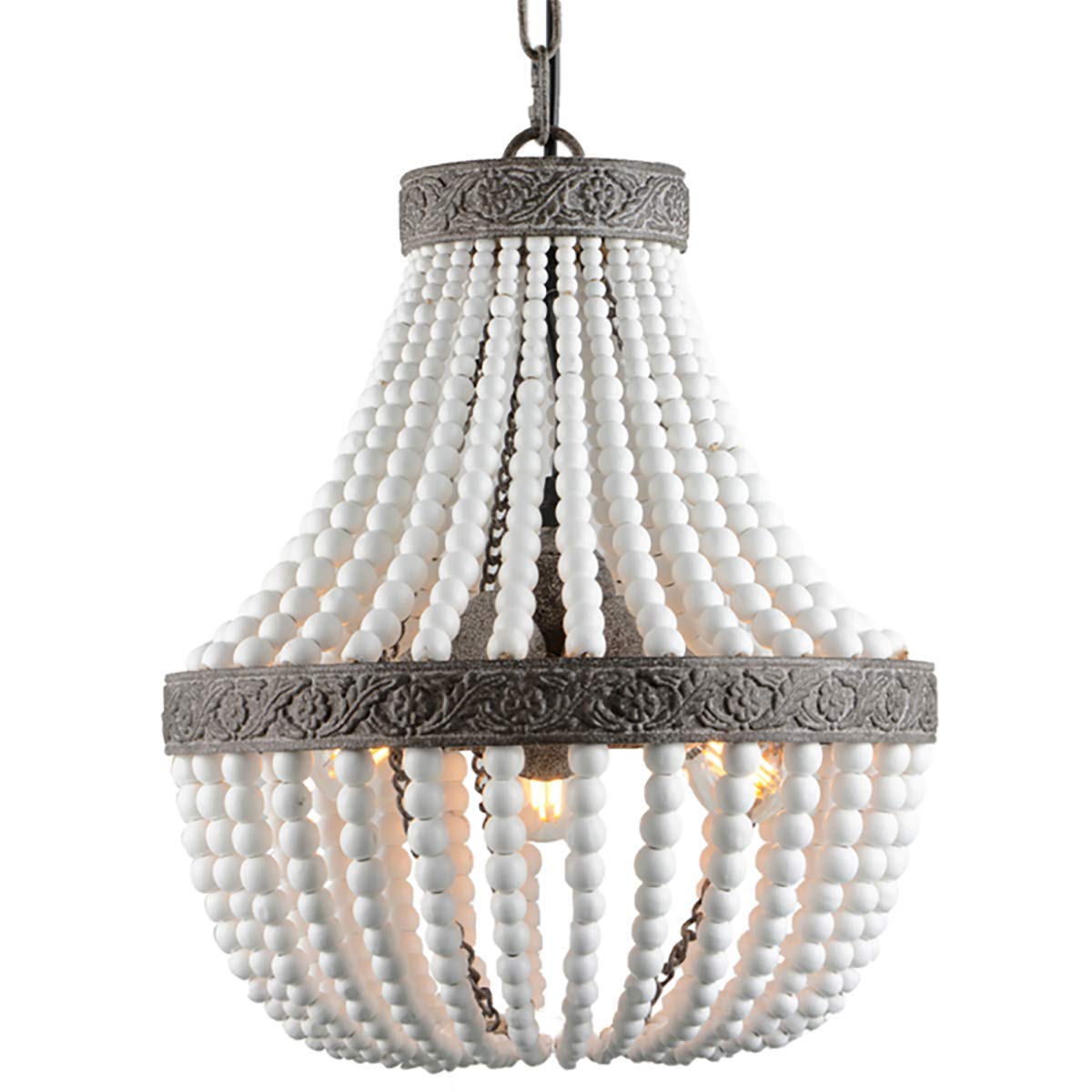 VILUXY 3-Light Bohemia Wood Beaded Chandelier, Rustic Gray, Metal, Antique Pendant Light for Bedroom and Kitchen Island