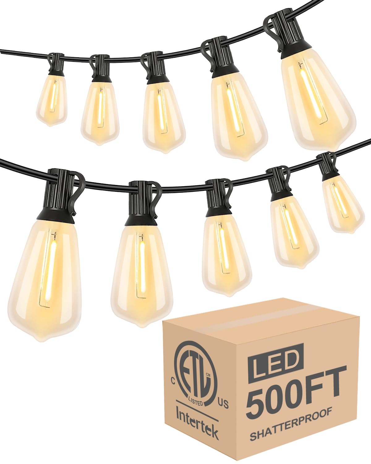 Lightdot LED Bistro String Lights, 500FT, Black, Waterproof, Shatterproof ST38 Vintage Bulbs, Dimmable, Model LSTM-G40-H